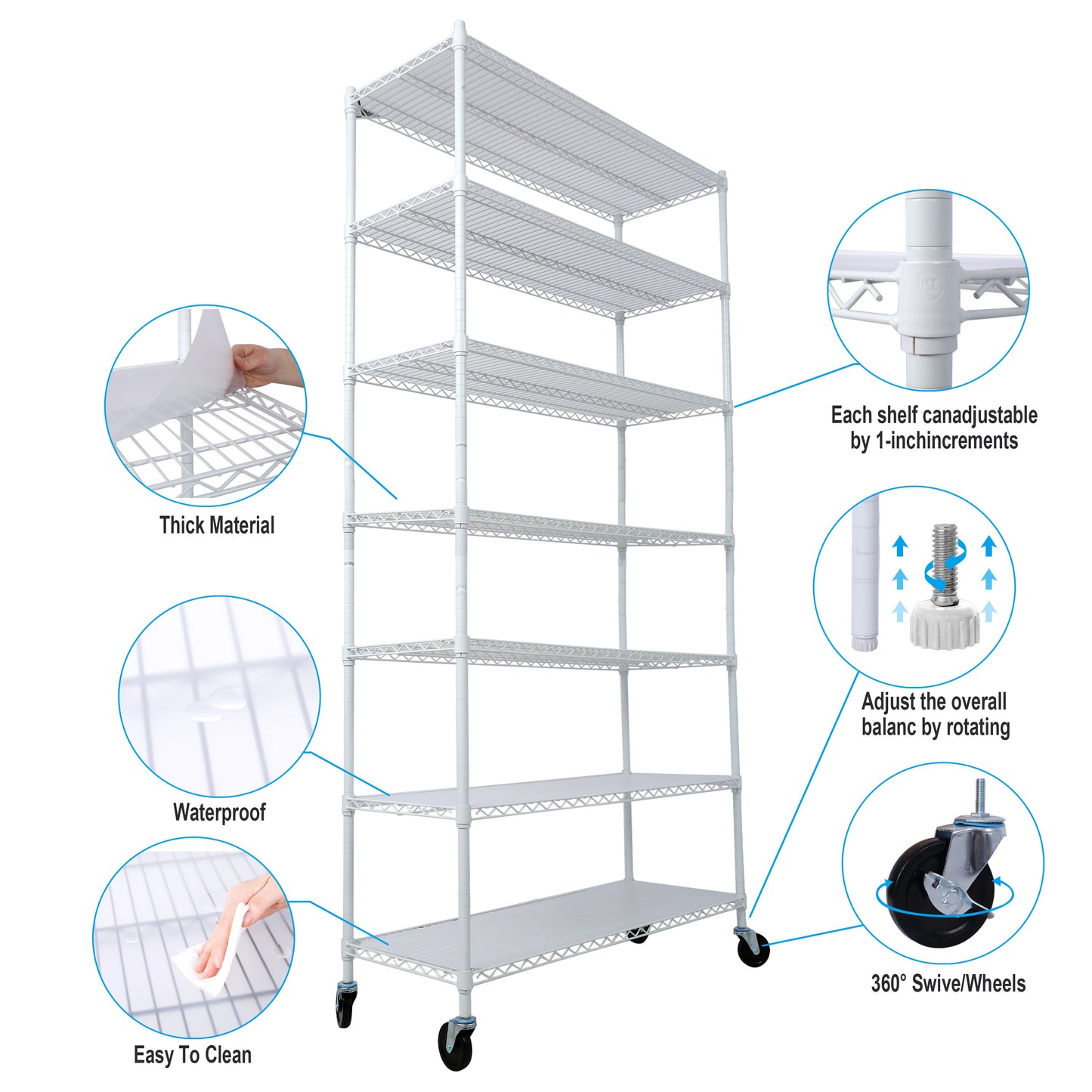 7 Tier Metal Shelf Wire Shelving Unit, 2450Lbs Heavy Duty Adjustable Storage Rack With Wheels & Shelf Liners For Closet Kitchen Garage Basement Commercial Shelving - White