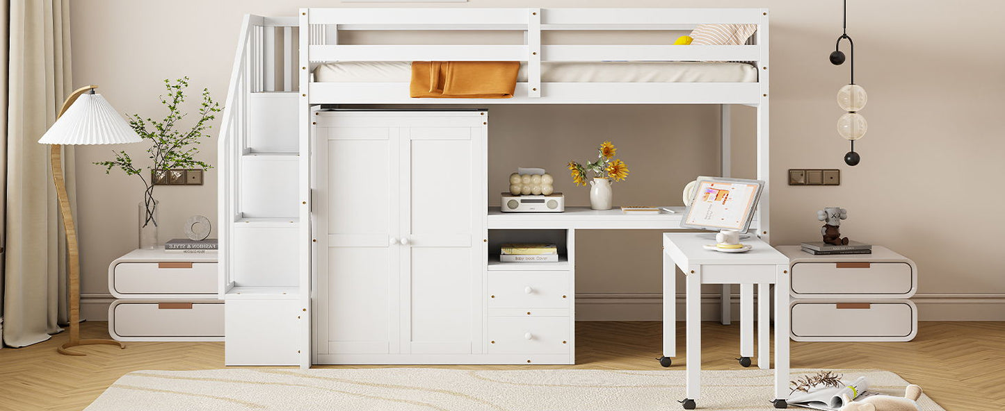 Twin Size Loft Bed With Stairs, Bookshelf, Drawers, Desk & Wardrobe, Space Saving Multifunctional Furniture - White