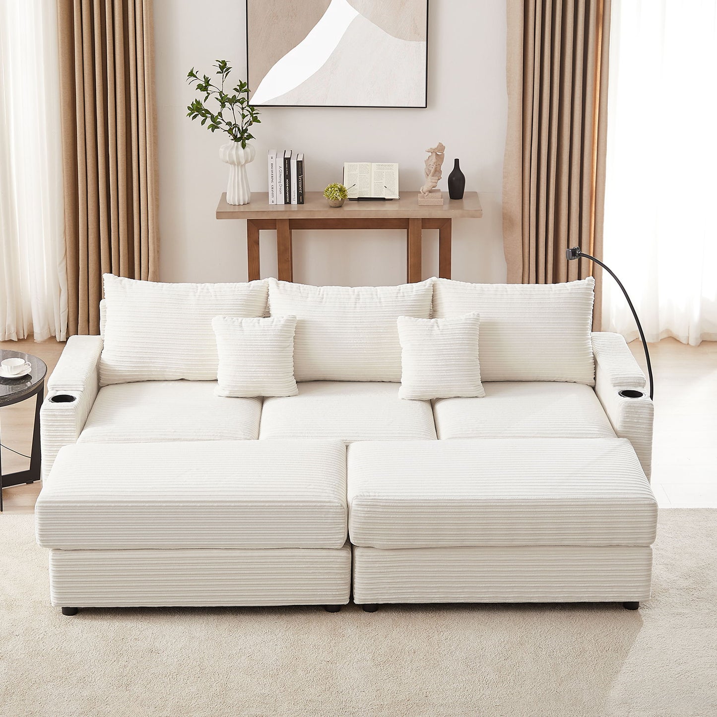 Modern Style 3 Seater Sofa Sectional Sofa Couch With Storage Space, Two Movable Ottomans, Two USB Ports, Two Cup Holders, A Phone Holder For Living Room - Beige