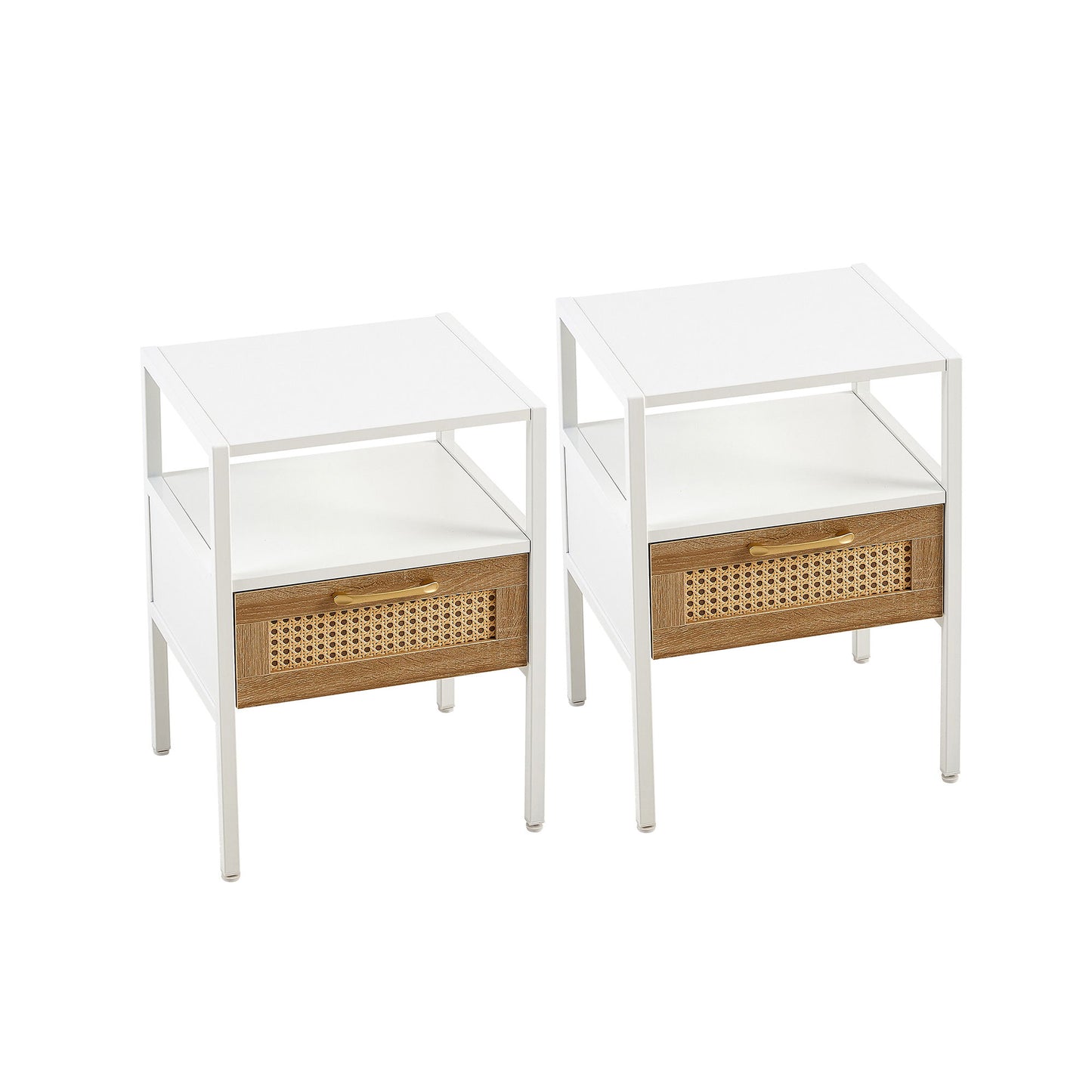 Rattan End Table With Drawer, Modern Nightstand, Metal Legs, Side Table For Living Room, Bedroom (Set of 2)- White