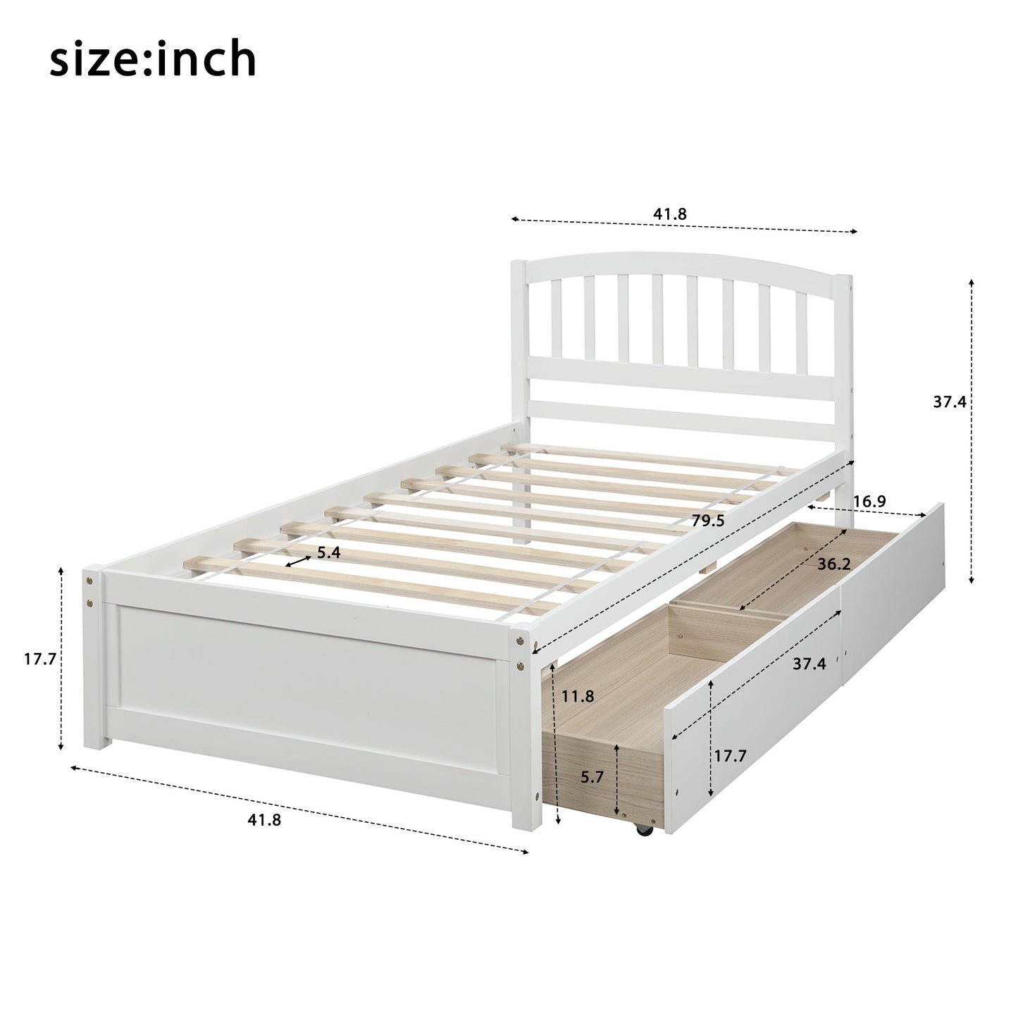 Twin Platform Storage Bed Frame With Two Drawers And Headboard - White