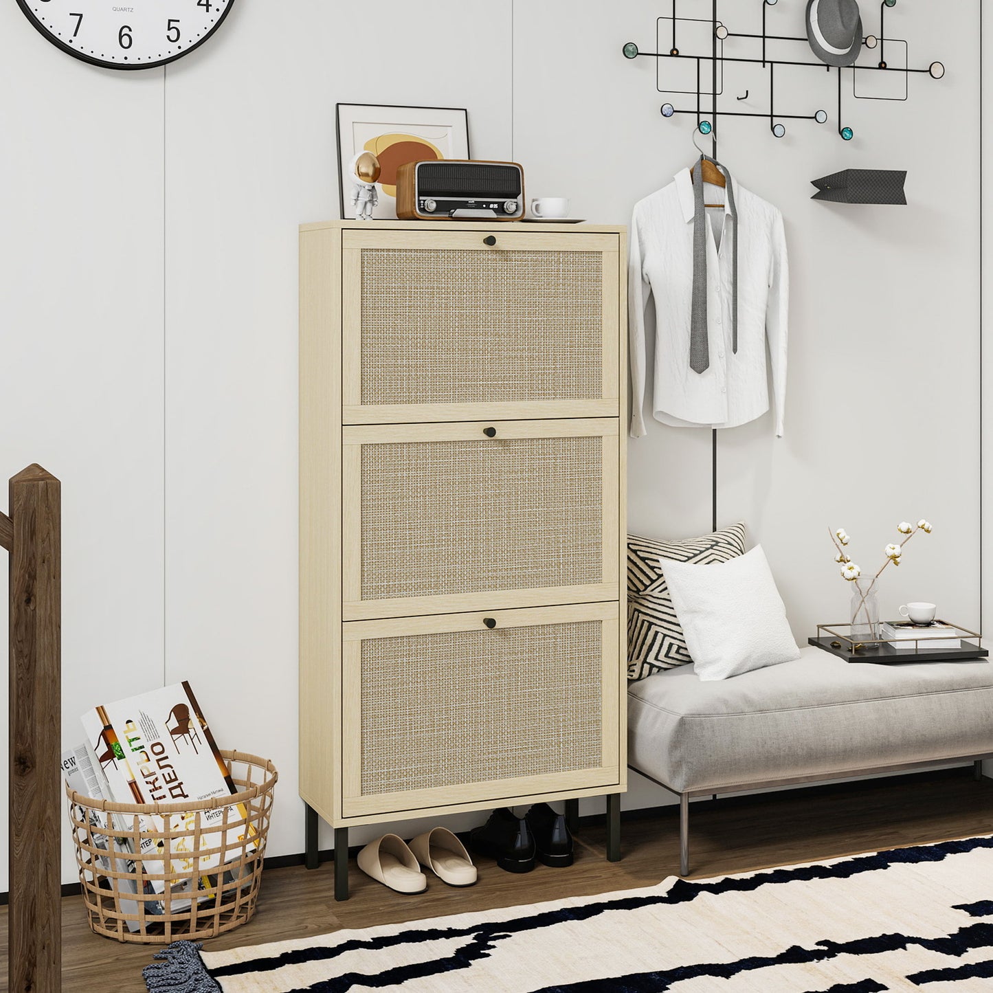 Modern Freestanding Rattan 3 Door Shoe Rack Storage Cabinet For Entryway - Natural Particle Board