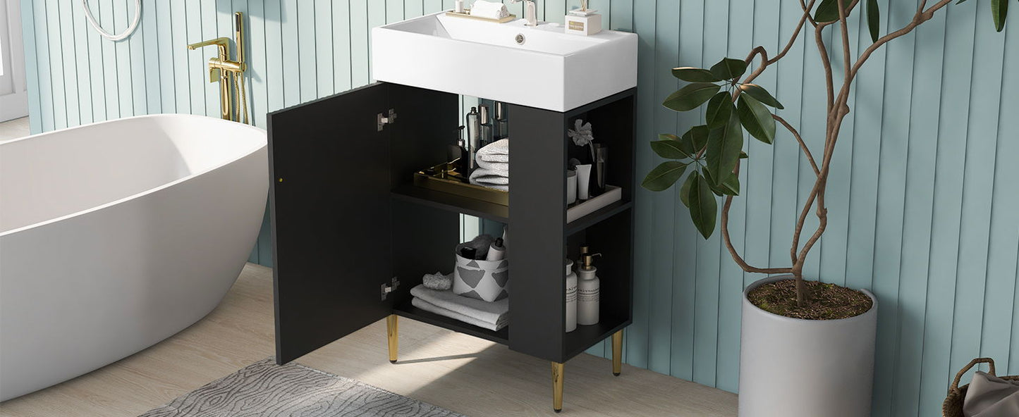 Bathroom Vanity, Combo Cabinet, Bathroom Storage Cabinet, Single Ceramic Sink, Right Side Storage - Black