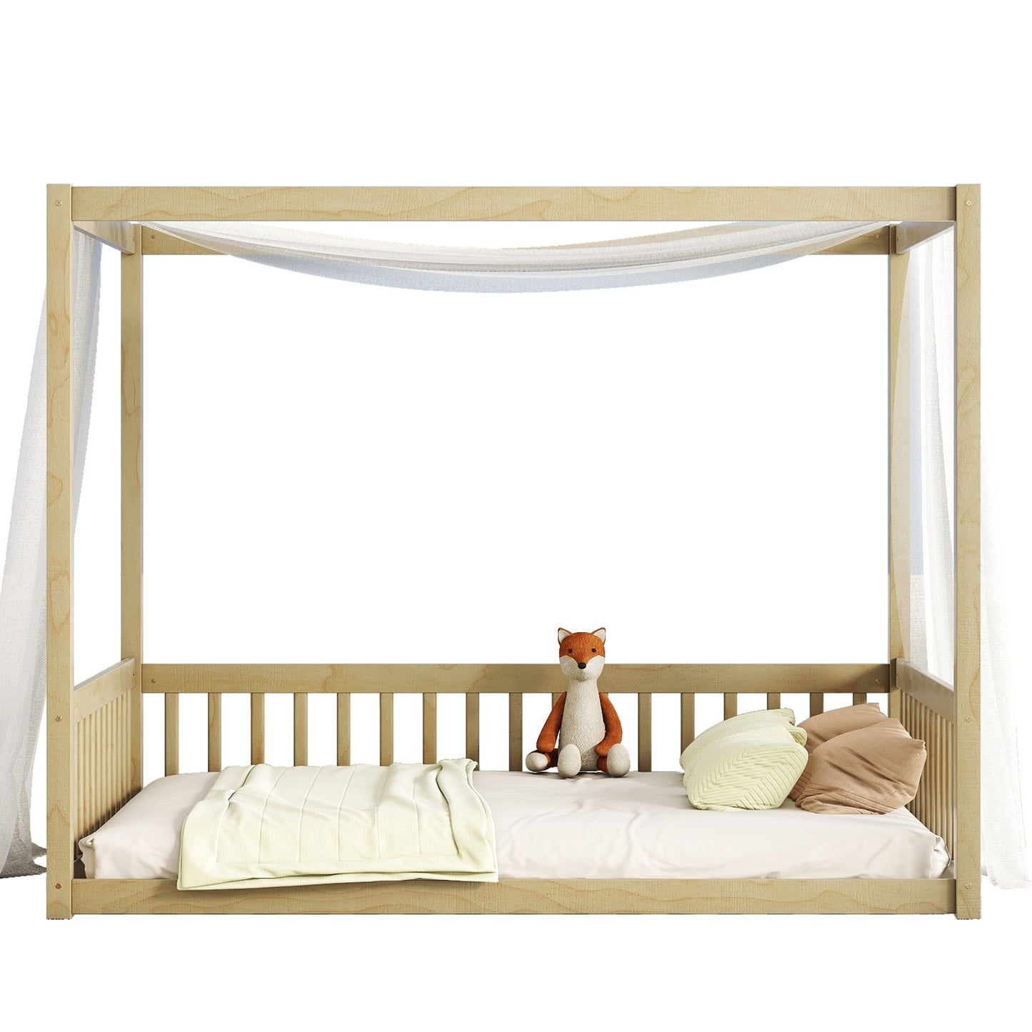 Full Size Canopy Frame Floor Bed With Fence, Guardrails - Natural