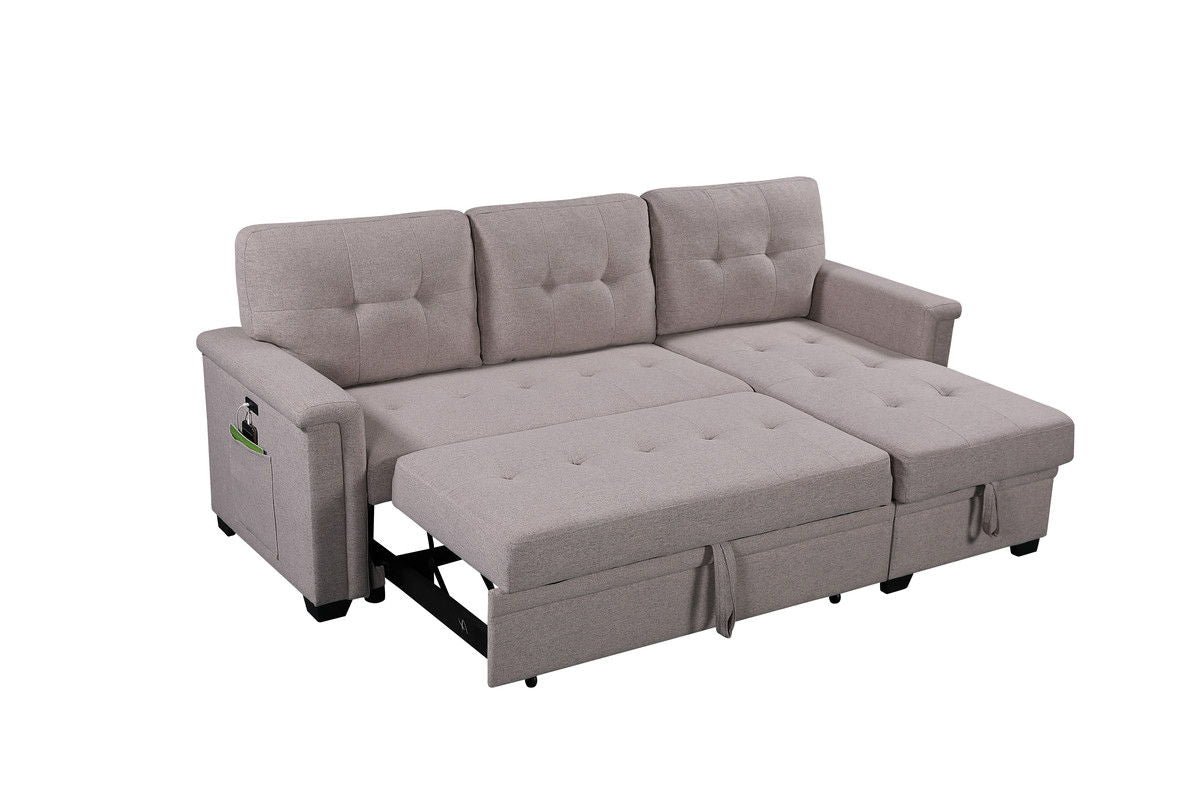 Ashlyn - Reversible Sleeper Sectional Sofa With Storage Chaise, USB Charging Ports And Pocket - Light Gray