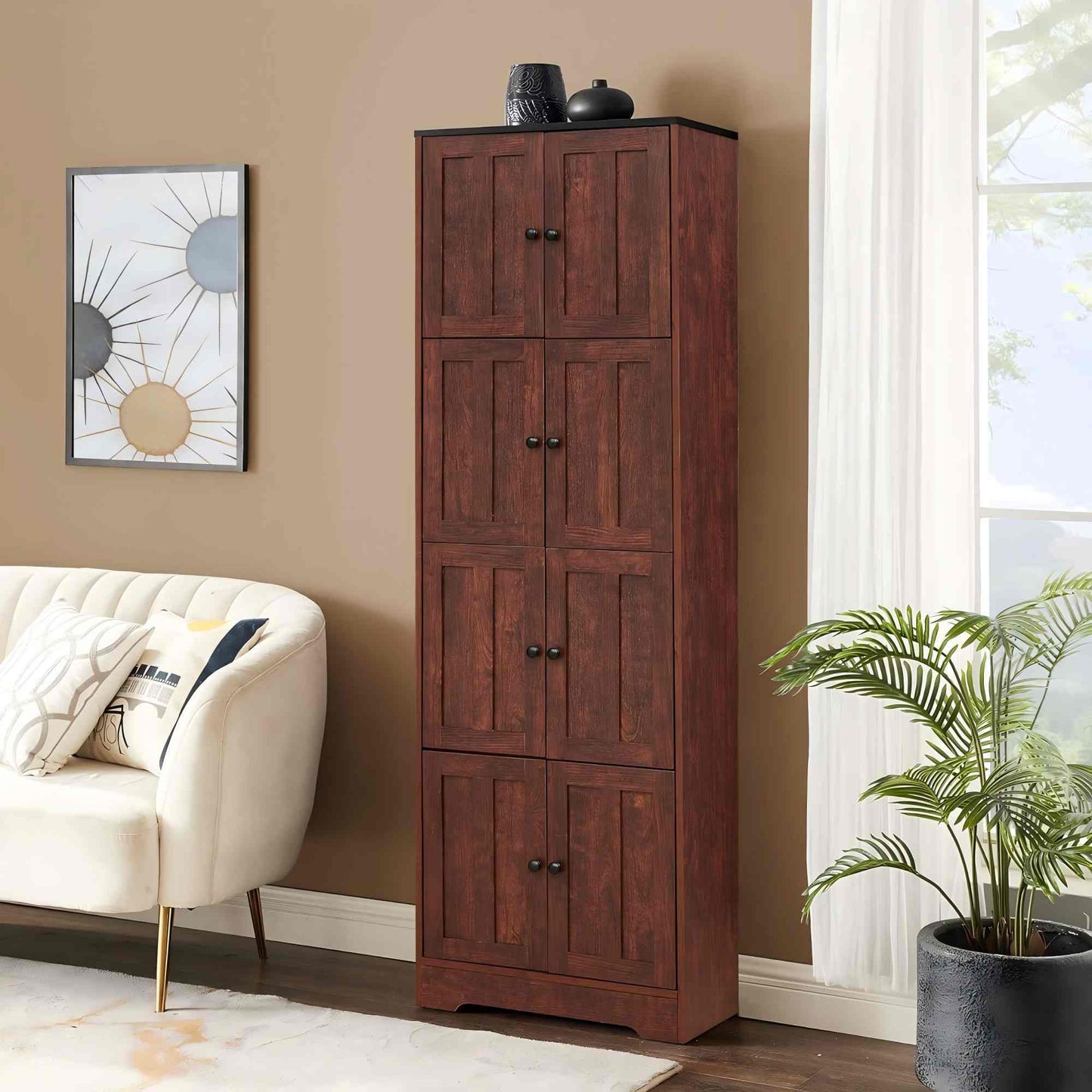 Tall Storage Cabinet With 8 Doors And 4 Shelves, Wall Storage Cabinet For Living Room, Kitchen, Office, Bedroom, Bathroom - Walnut