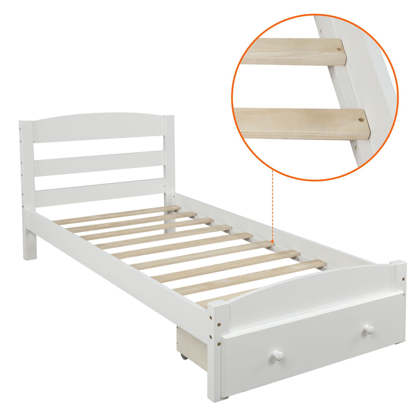 Twin Platform Bed Frame With Storage Drawer And Slat Support No Box Spring Needed - White