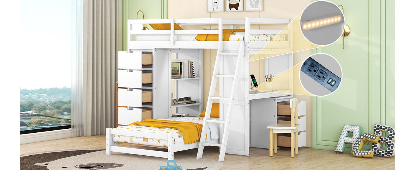 Twin Over Twin Bunk Bed With LED Light And USB Ports - White