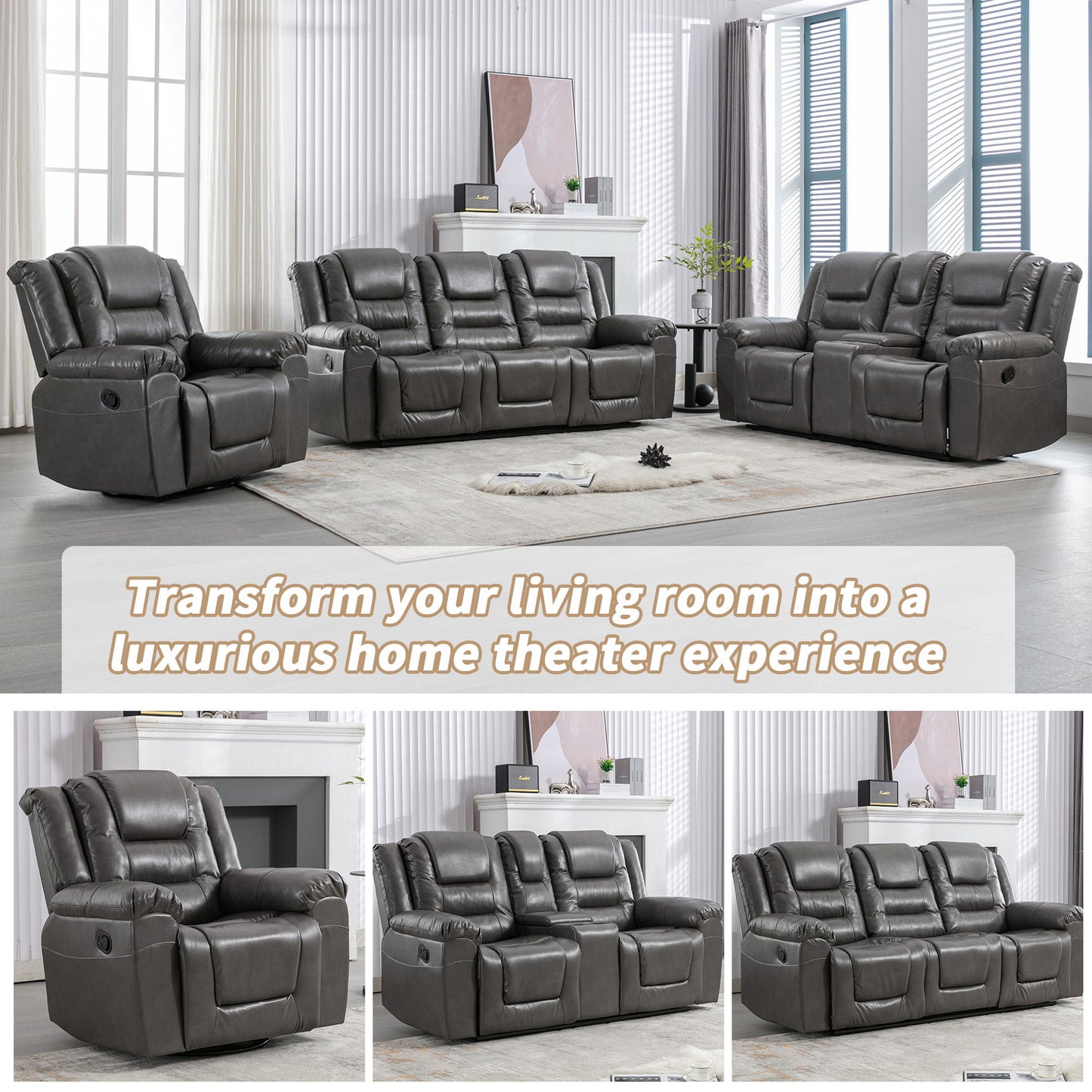 2 Seater Home Theater Recliner Manual Recliner Chair With A Storage Box And Two Cup Holders For Living Room - Gray