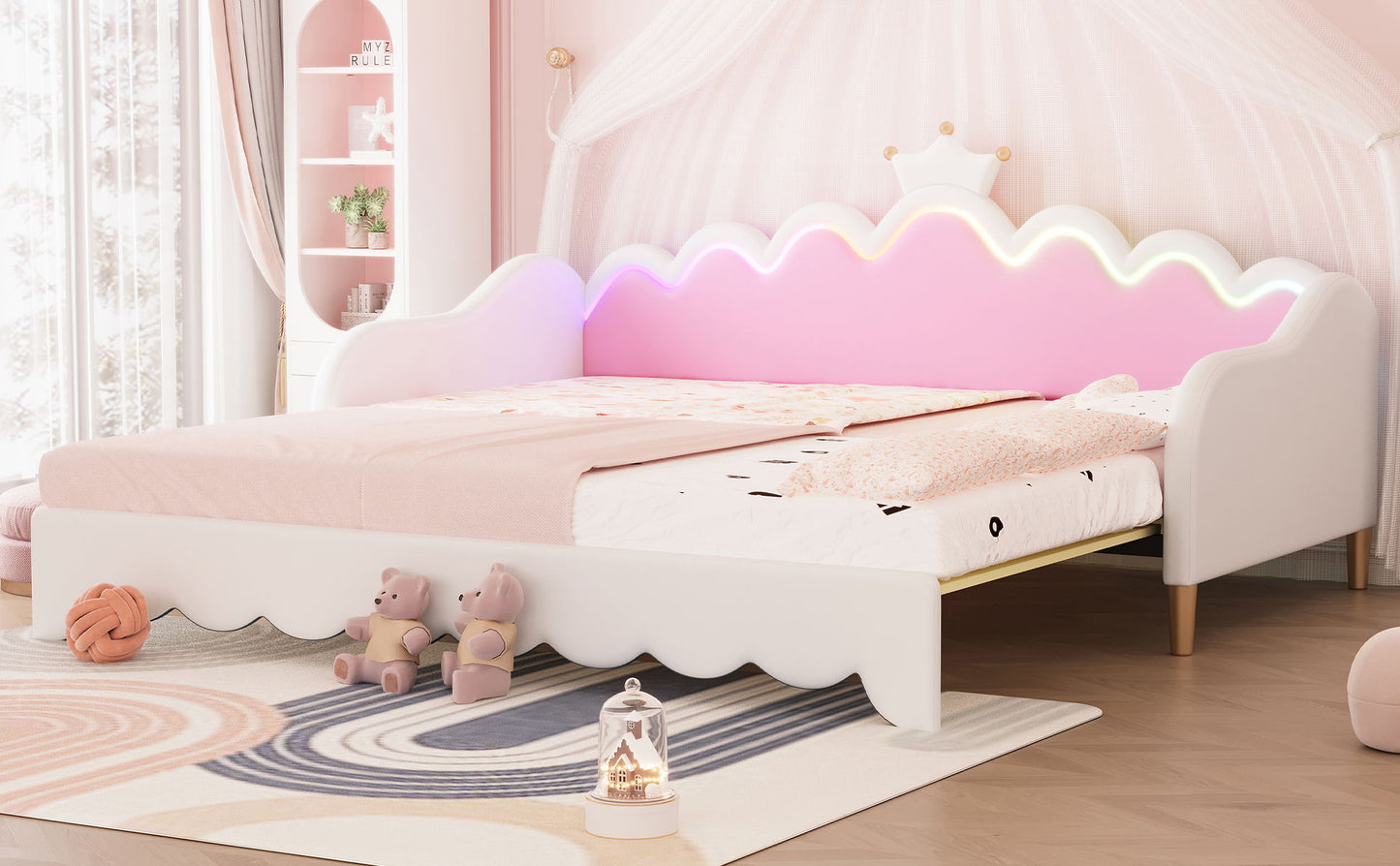 Twin Extending Daybed With LED Lights, Modern Upholstered Princess Daybed With Crown Headboard - White
