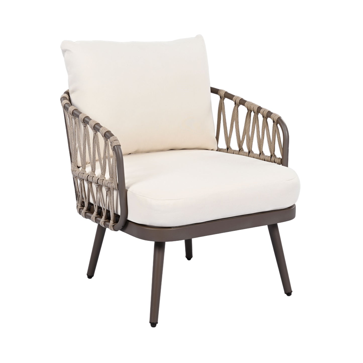 4 Piece Outdoor Patio Furniture Set, Metal Chairs With Woven Rope U Shaped Backrest, Outdoor Conversation Set With Thick Cushions And Coffee Table For Garden, Poolside, Balcony - Brown / Beige