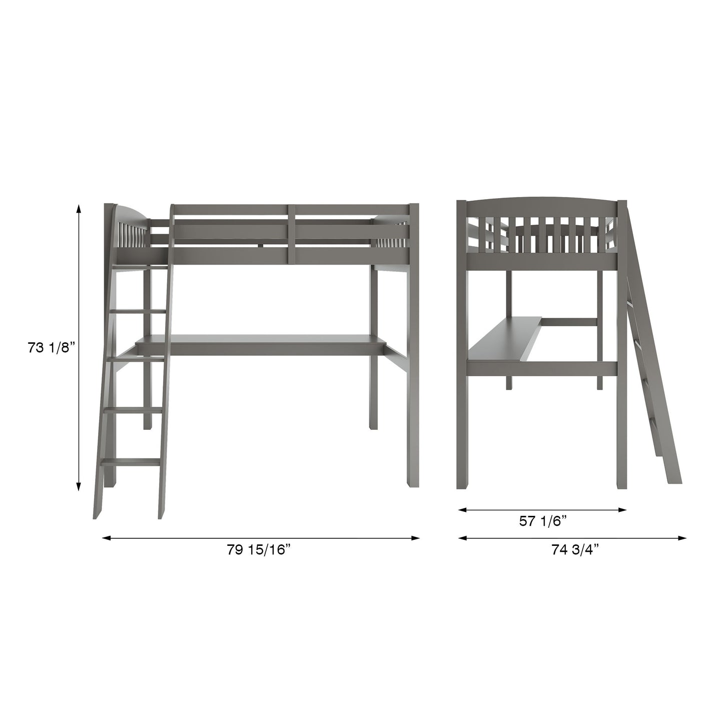 Everest - Full Size For Kids And Toddlers High Loft Bed With Desk And Storage - Gray