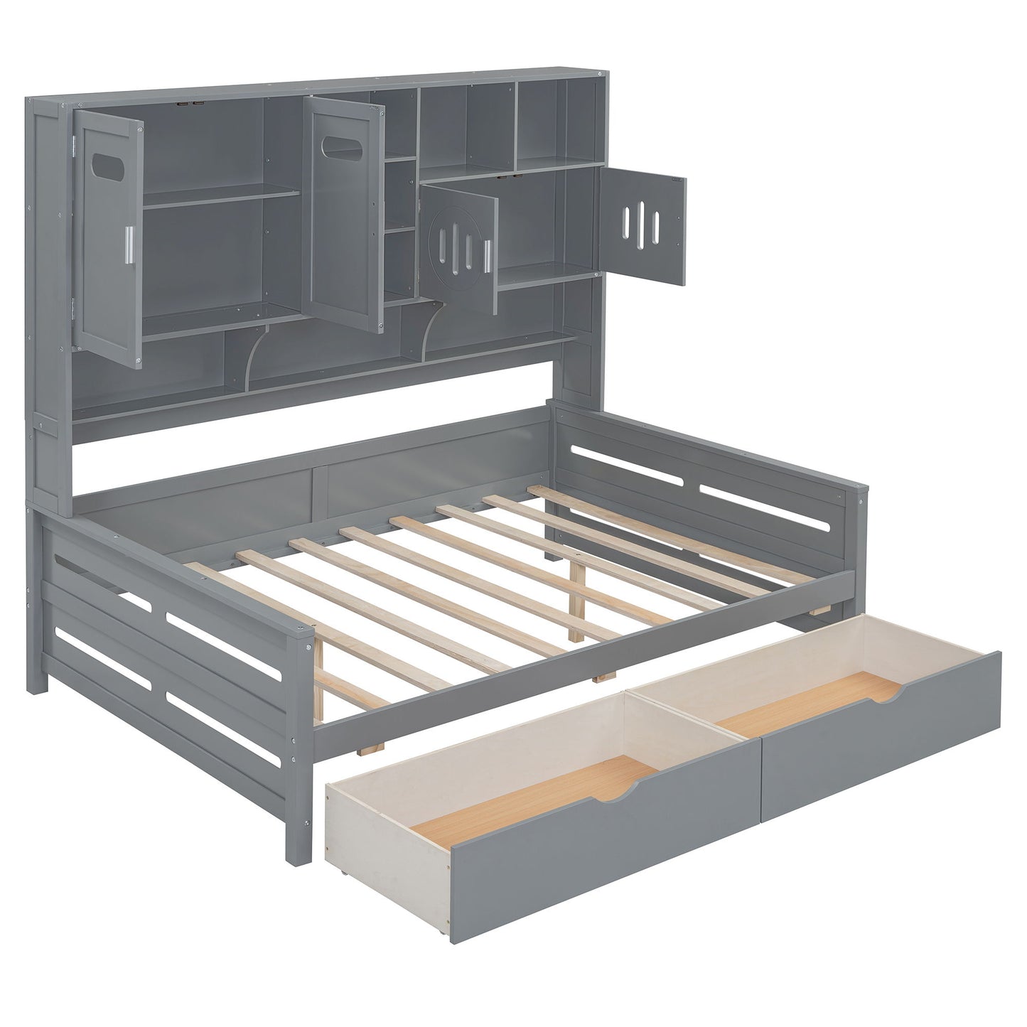 Full Size Daybed With 2 Drawers And All In One Cabinet And Shelf - Gray