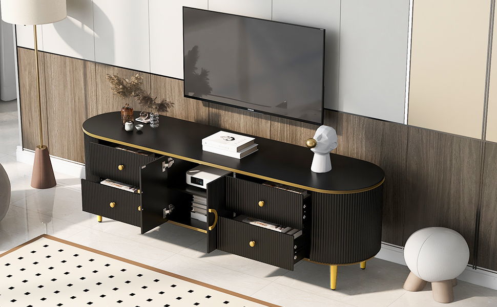Modern TV Stand For TVs Up To 80", Entertainment Center With 4 Drawers And 1 Cabinet, Wood TV Console Table With Handles For Living Room - Black