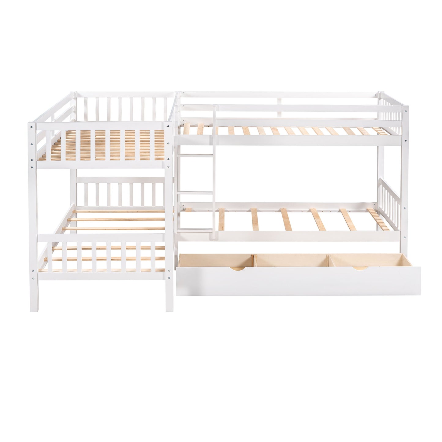 Twin L Shaped Bunk Bed With Drawers - White