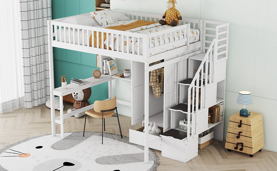Full Size Loft Bed With Bookshelf, Drawers, Desk, And Wardrobe - White