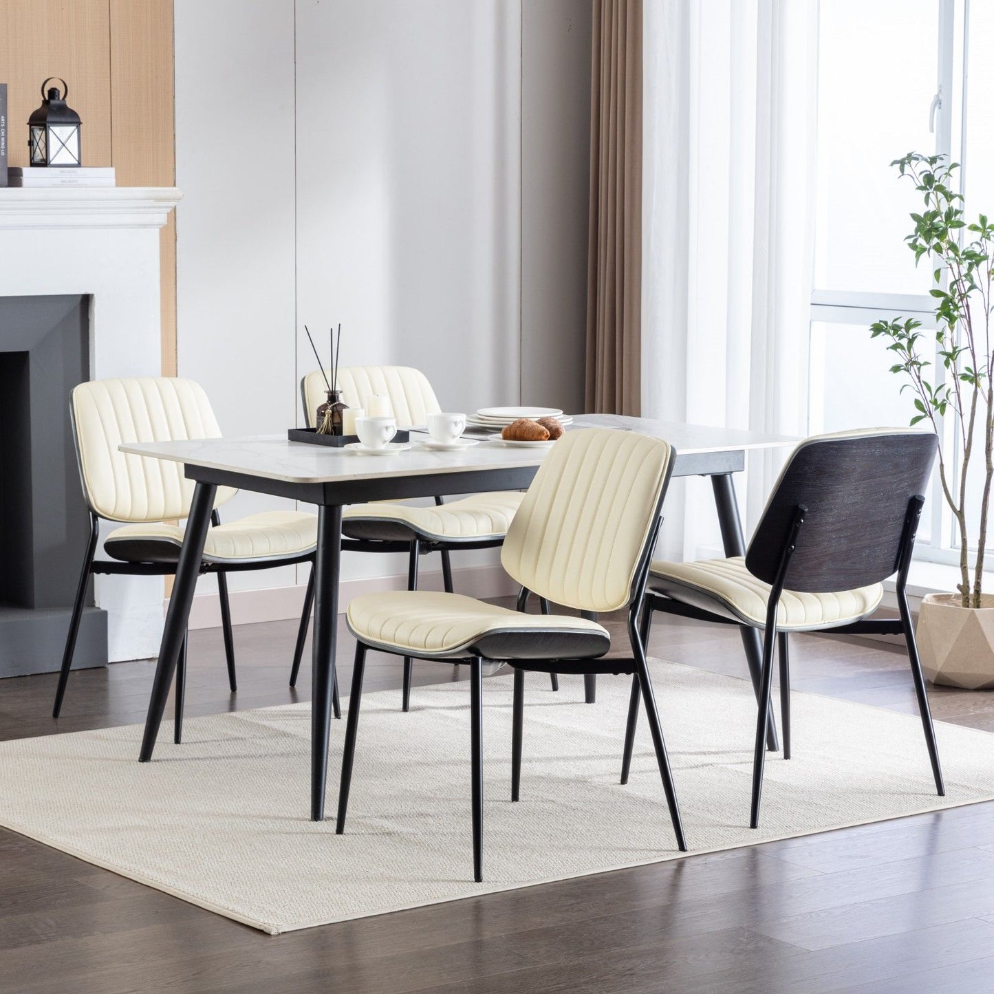 Dining Chairs Mid-Century Modern Retro Faux Leather Chair With Walnut Bentwood Back Upholstered Seat Metal Legs Adjustable Foot For Kitchen Dining Room Chairs (Set of 2) - Beige