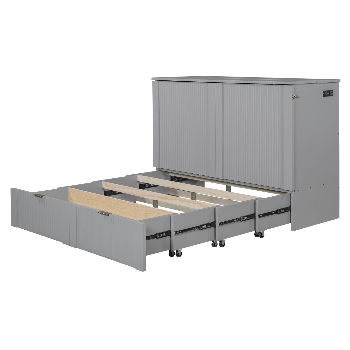 Full Size Murphy Bed With Drawer And A Set Of Sockets & USB Ports, Pulley Structure Design - Gray