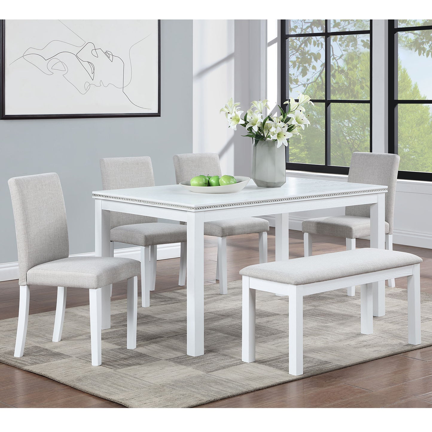 6 Piece Wooden Dining Table Set, Wooden Dining Table With 4 Upholstered Chairs And Bench For 6 People, Rectangular Dining Table Set With Crystal Decoration For Kitchen, Dining Room - White