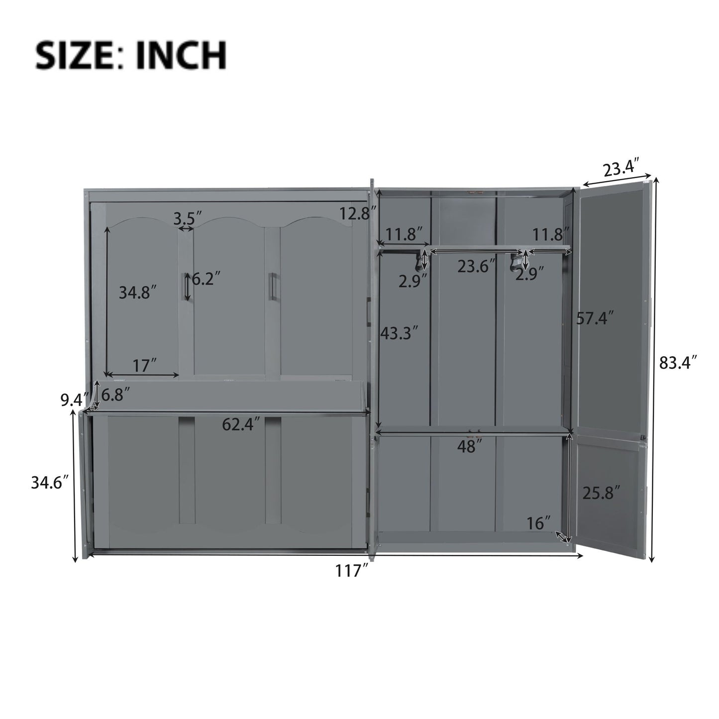 Queen Size Murphy Elegant Wall Bed With Closet - Gray