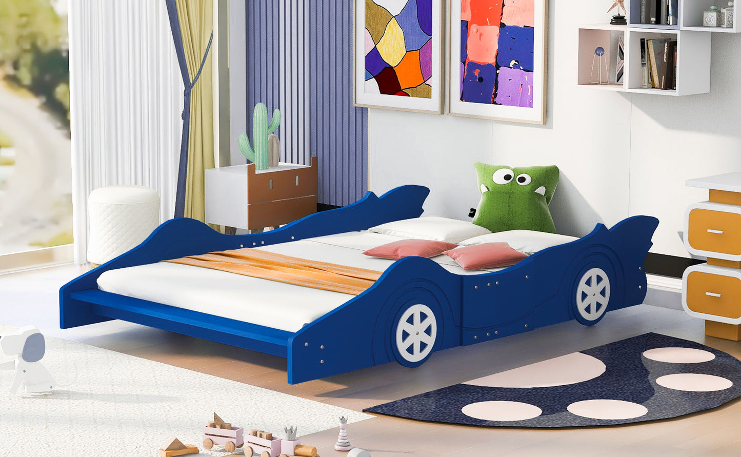 Full Size Race Car-Shaped Platform Bed & Wheels - Blue