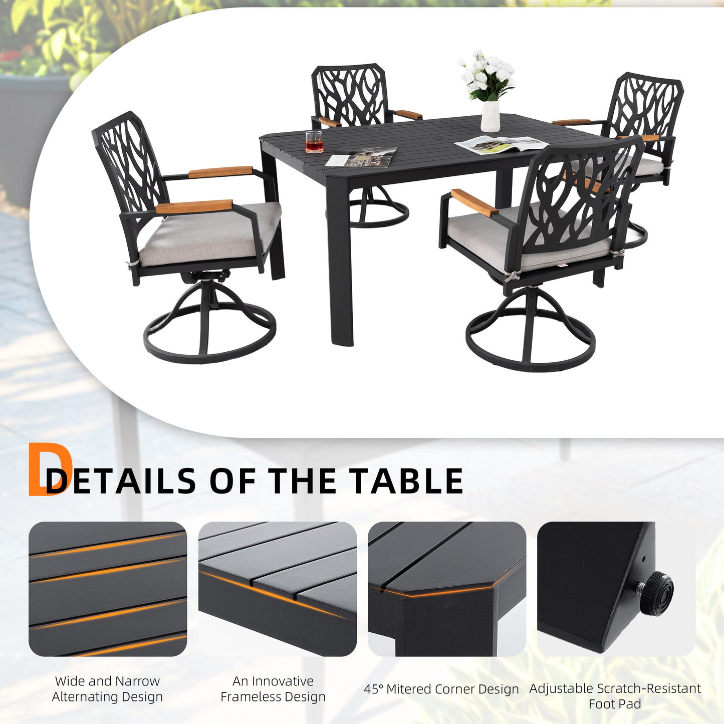 5 Pieces Outdoor Patio Furniture Set, 4 Swivel Rockers Sunbrella Fabric Cushioned, Rectangular Table With Umbrella Hole - Bourbon Brown