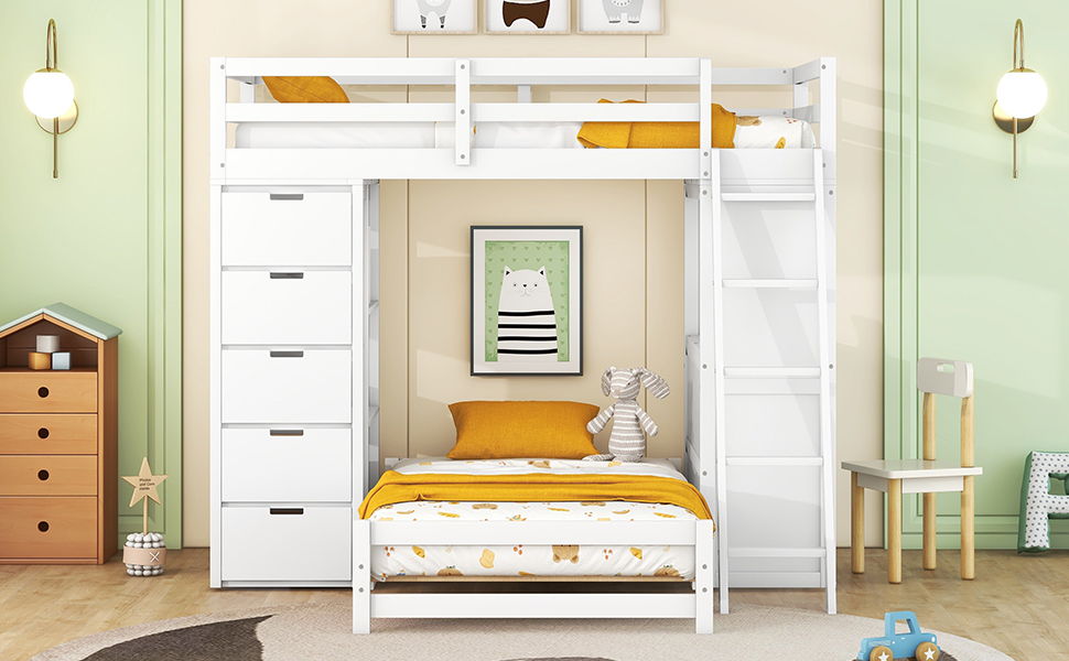 Twin Over Twin Bunk Bed With LED Light And USB Ports - White