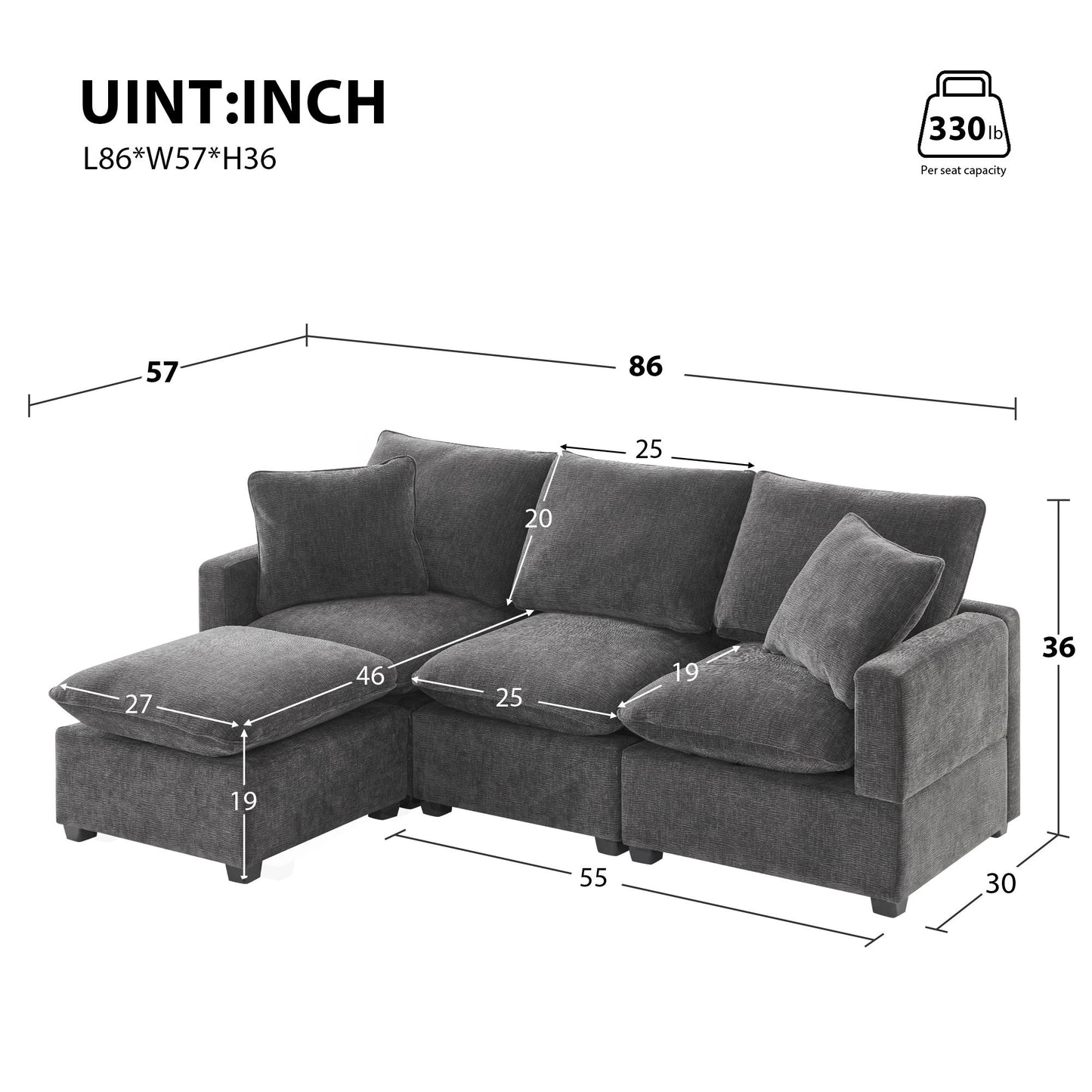 Modern, Modular Sofa, 4 Seat Chenille Sectional Couch Set With 2 Pillows Included, Freely Combinable Indoor Funiture - Black / Gray