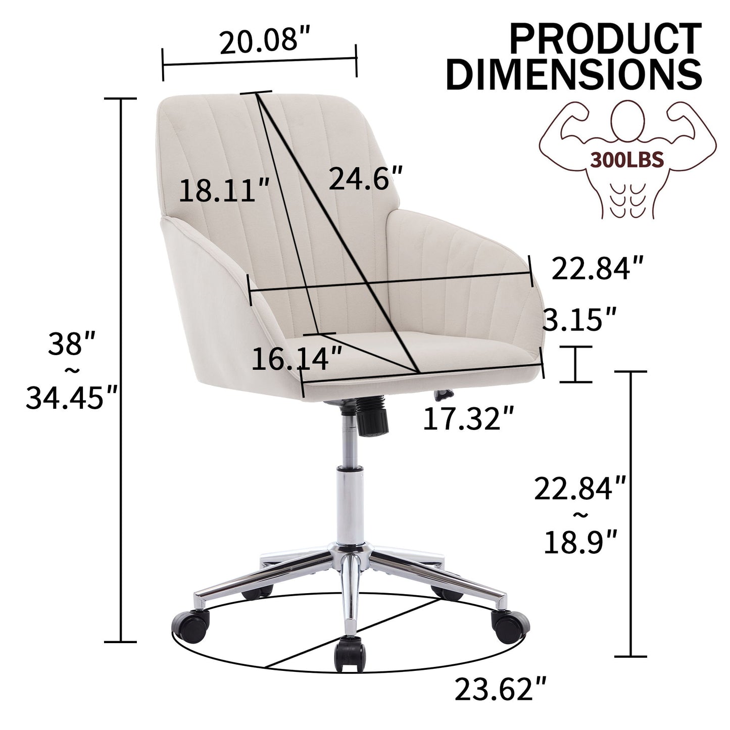 Adjustable Office Chair, Ergonomic Swivel Chair, Velvet Backrest Seat, Comfortable For Long Sitting - Beige