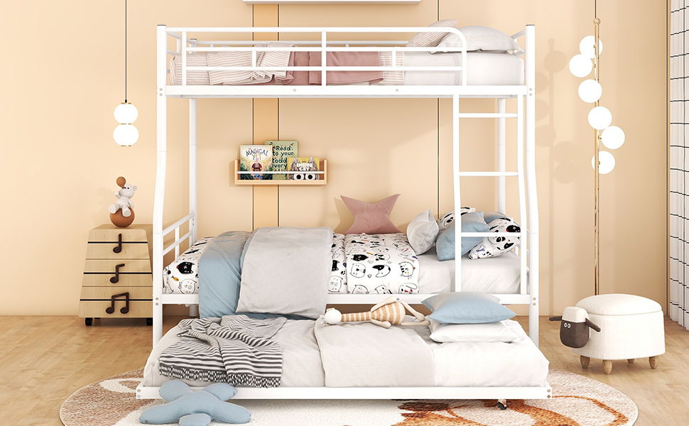 Full Long Over Queen Metal Bunk Bed With Trundle - White