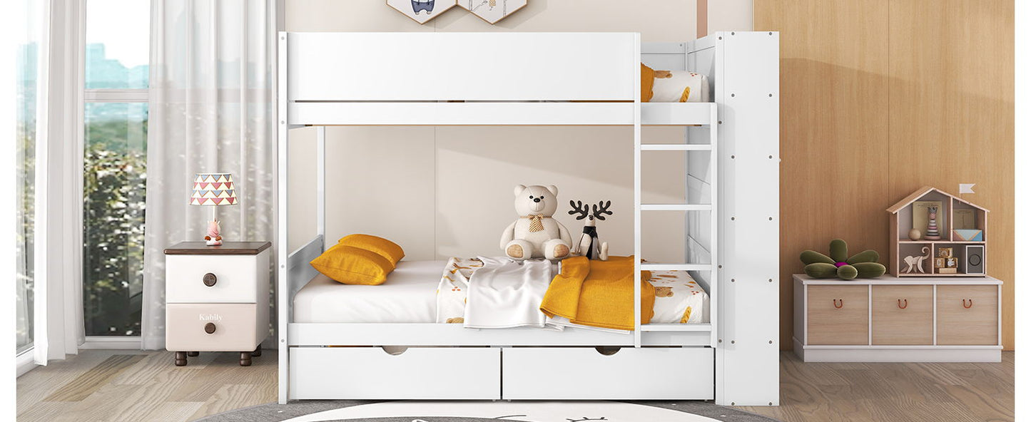 Full Over Full Bunk Bed With 2 Drawers And Multi-Layer Cabinet - White