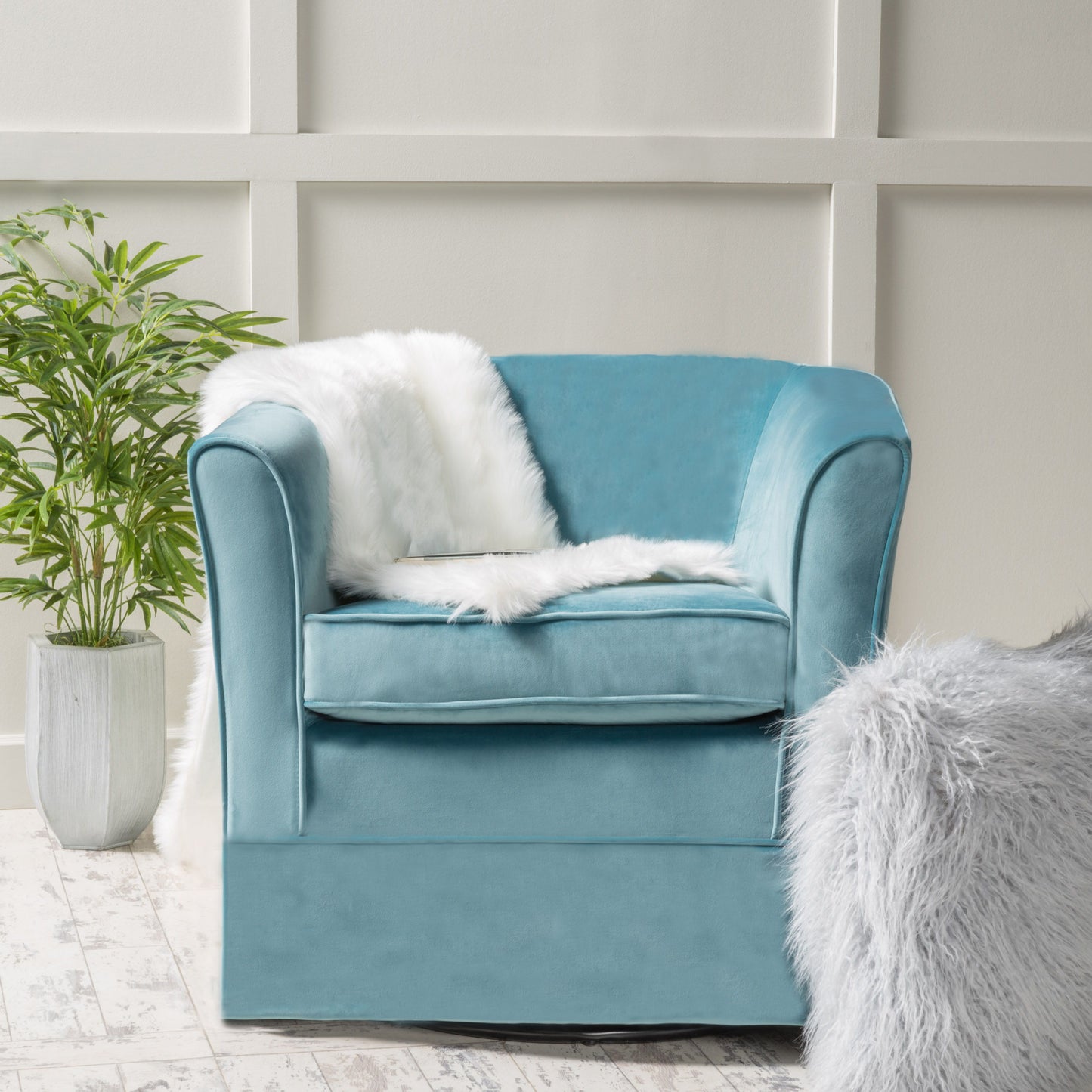 Zeniqua - Upholstered Velvet Swivel Chair With Loose Cover - Blue