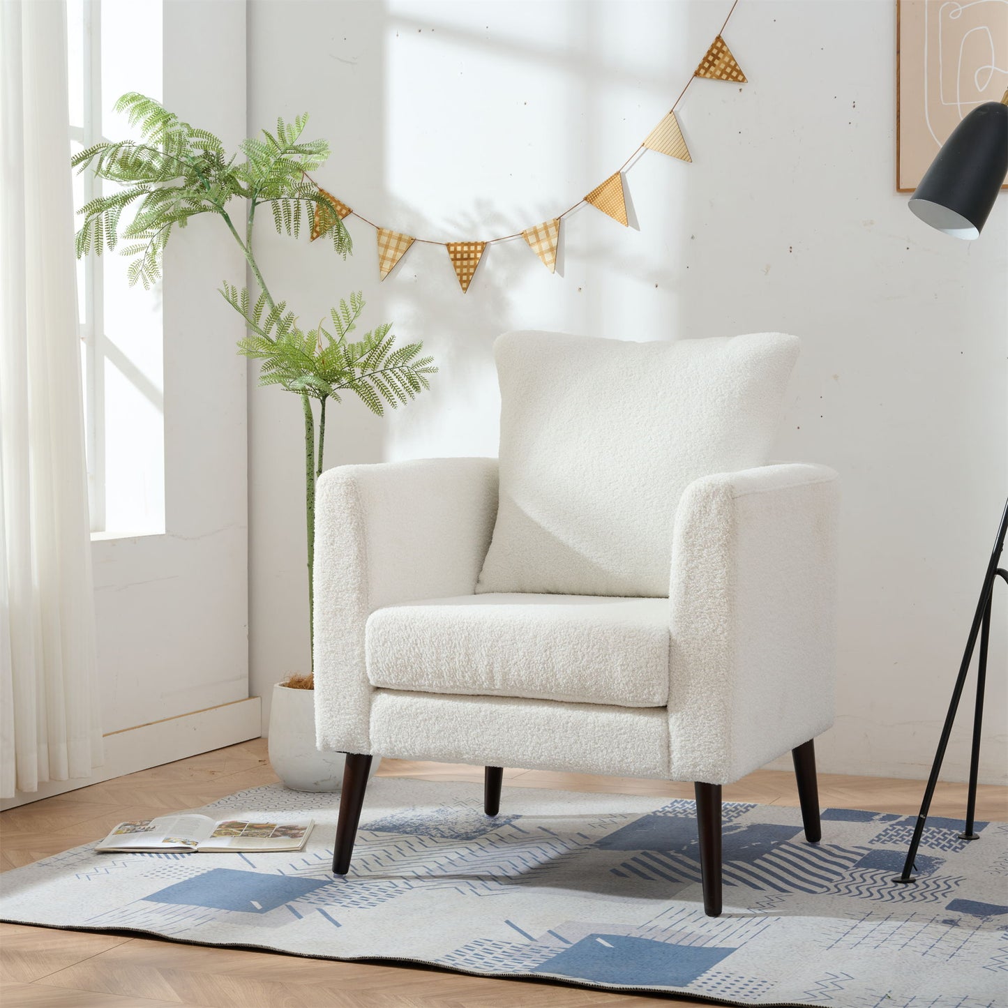 Modern Teddy Fabric Accent Chair - Mid - Century Upholstered Armchair With Pillow And Wood Legs For Living Room, Or Reception Room - White