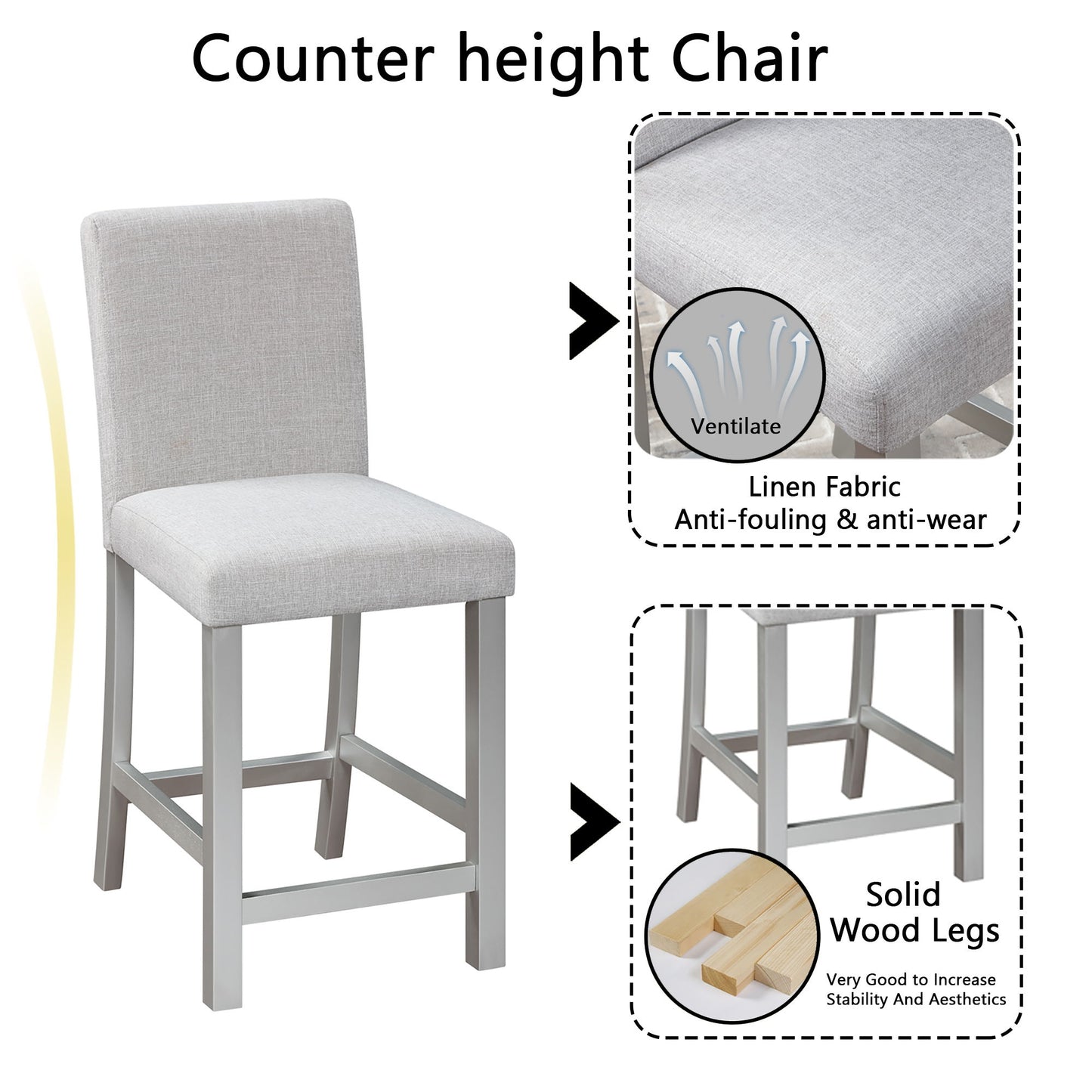 5 Piece Counter Height Table Set, Wooden Kitchen Table Set With Square Table And 4 Upholstered Chairs, Counter Height Dining Table With Crystal Decoration And Chair Set - Silver Gray