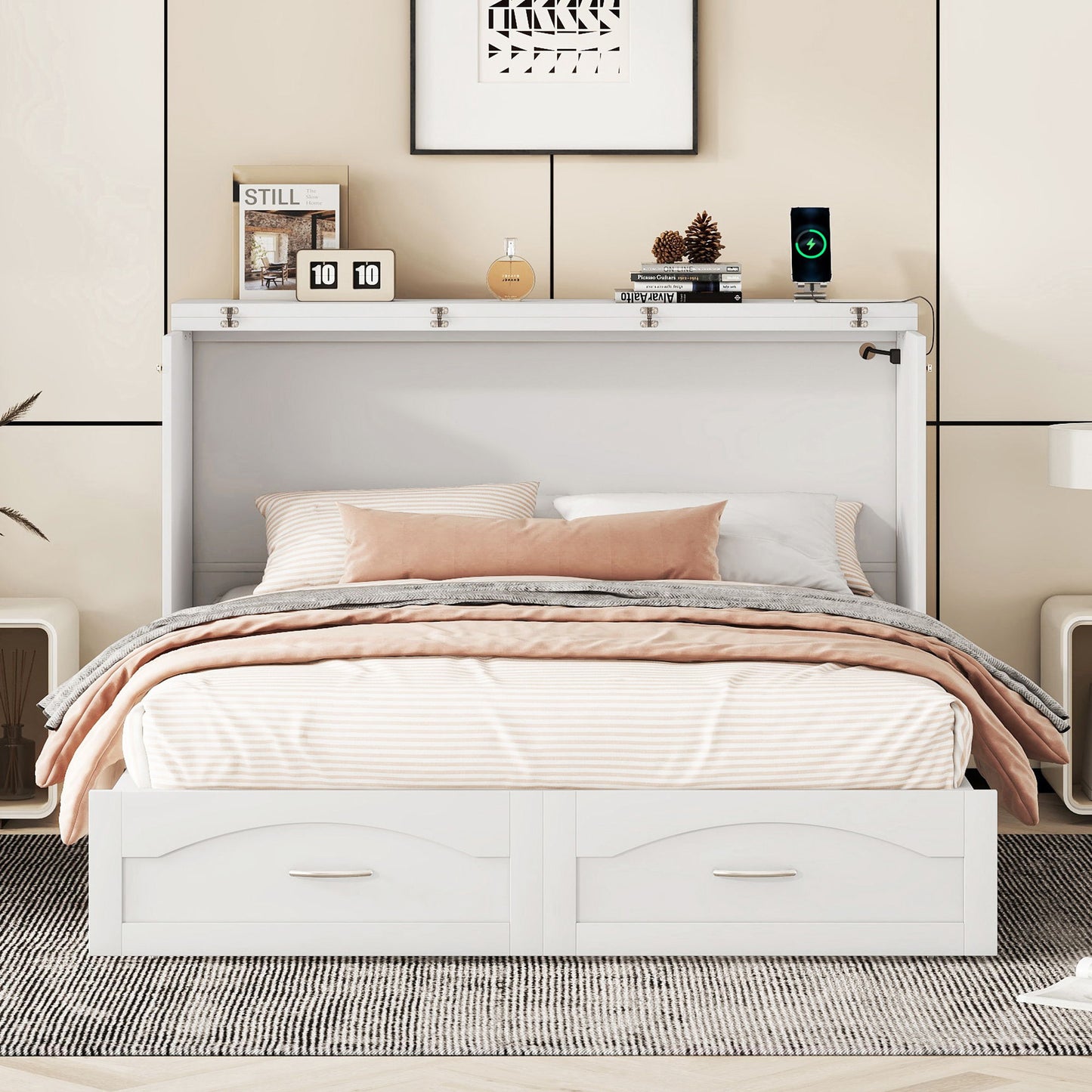 Queen Size Murphy Wall Bed With Drawer And A Set Of Sockets & USB Ports, Pulley Structure Design - White