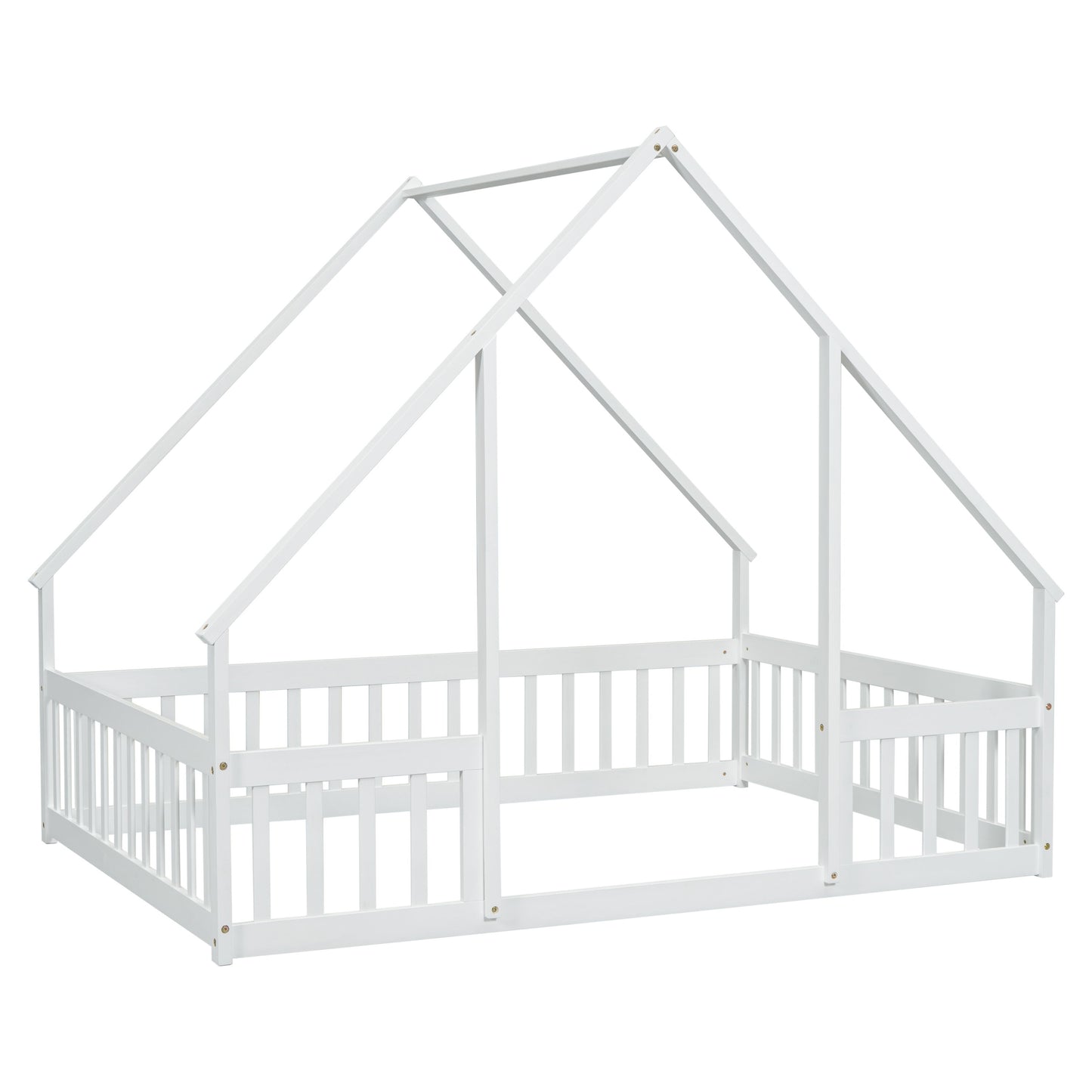 Full Wood House-Shaped Floor Bed With Fence, Guardrails - White