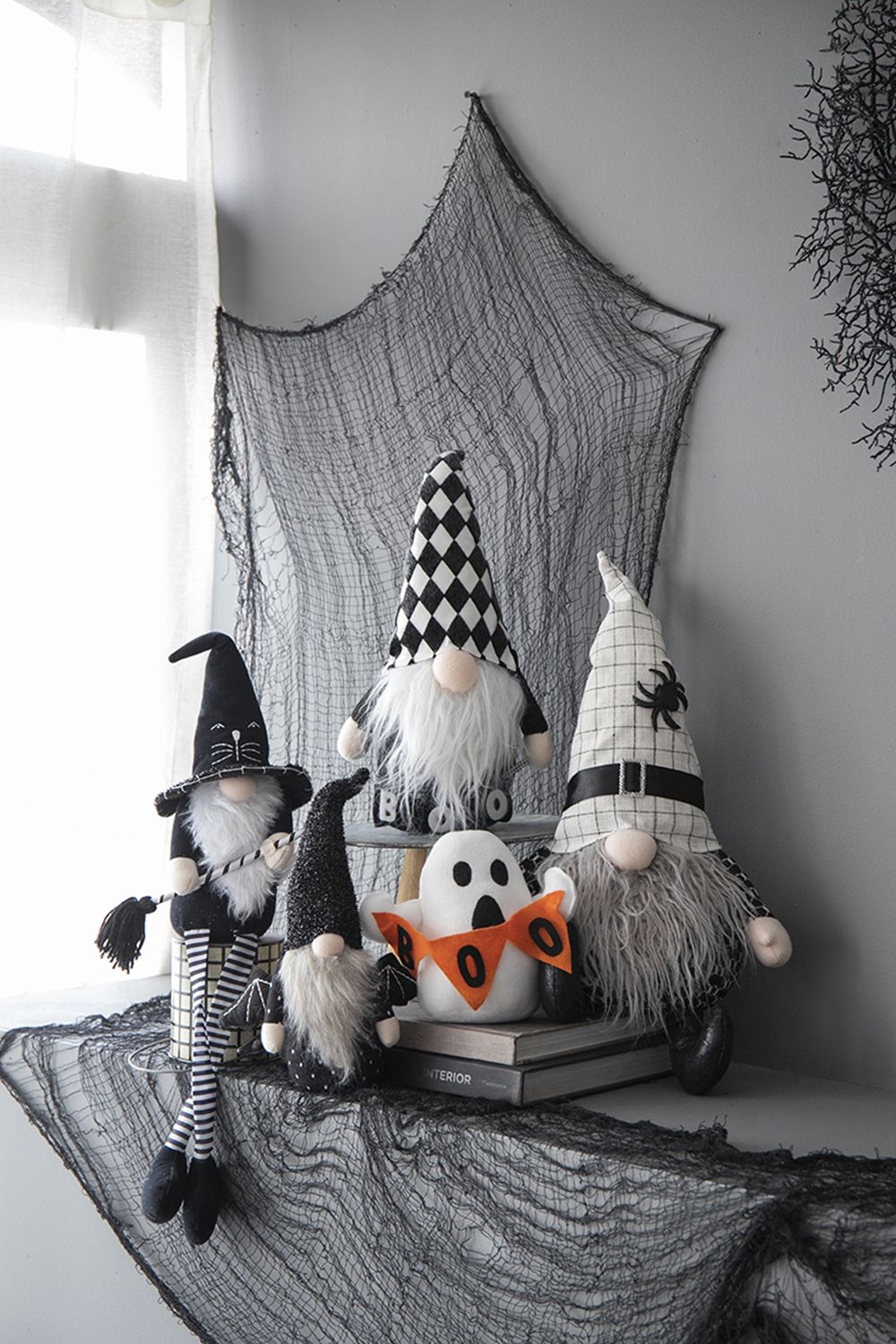 Sitting Gnome With Hat Spider, For Halloween Decor - Black White