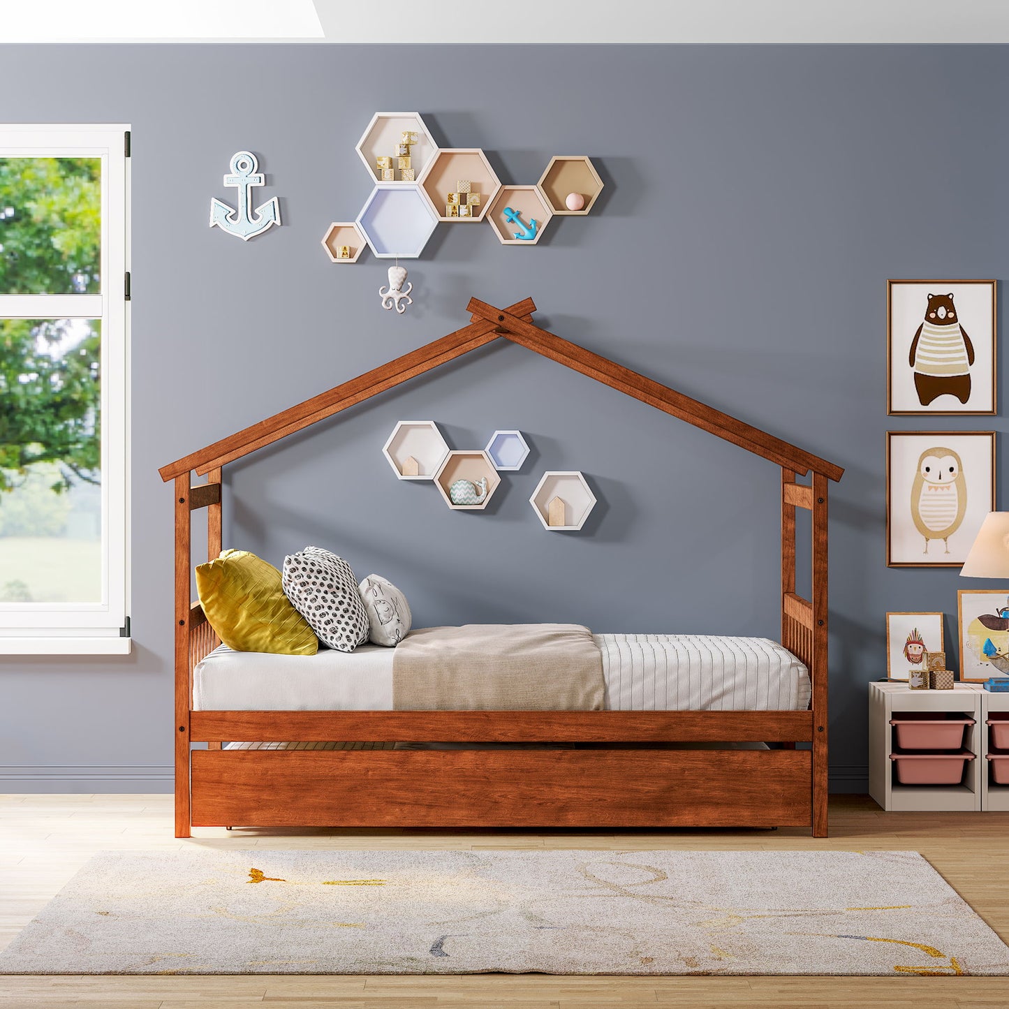 Twin Size House Bed With Twin Size Trundle - Walnut