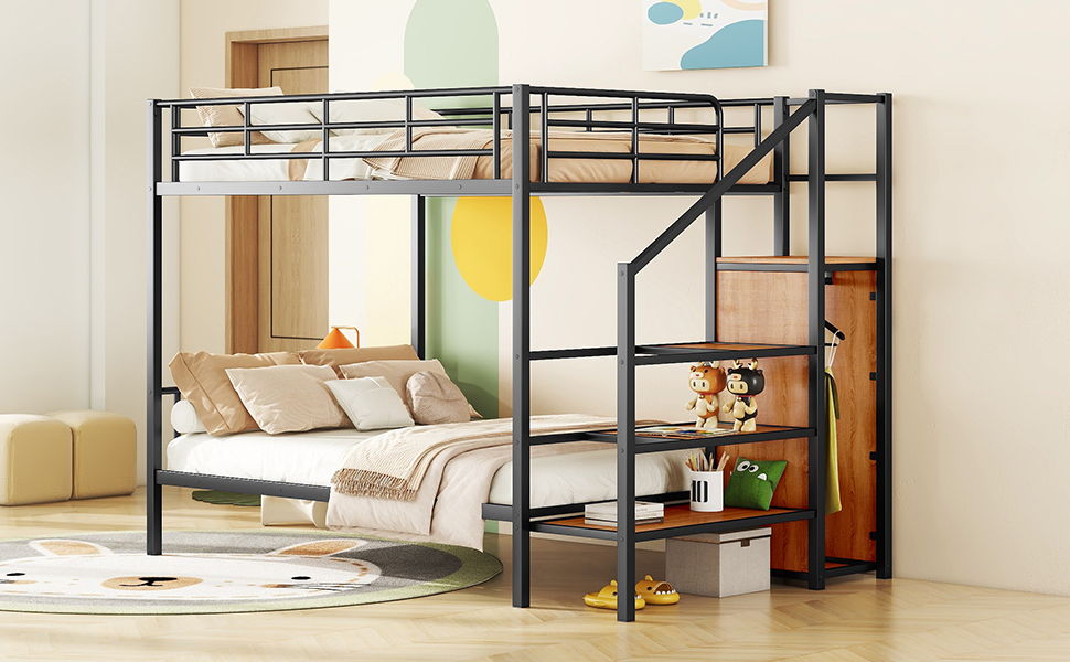 Full Over Full Bunk Bed With Lateral Storage Ladder And Wardrobe - Black