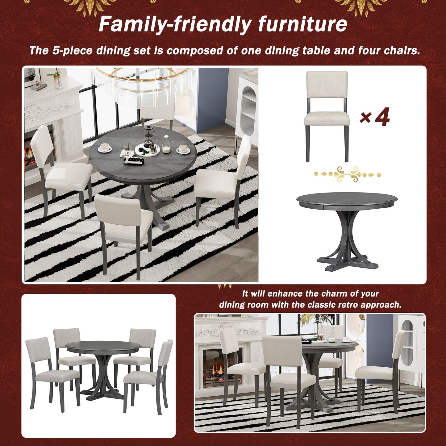 5 Piece Retro Round Dining Table Set With Curved Trestle Style Table Legs And 4 Upholstered Chairs For Dining Room - Dark Gray
