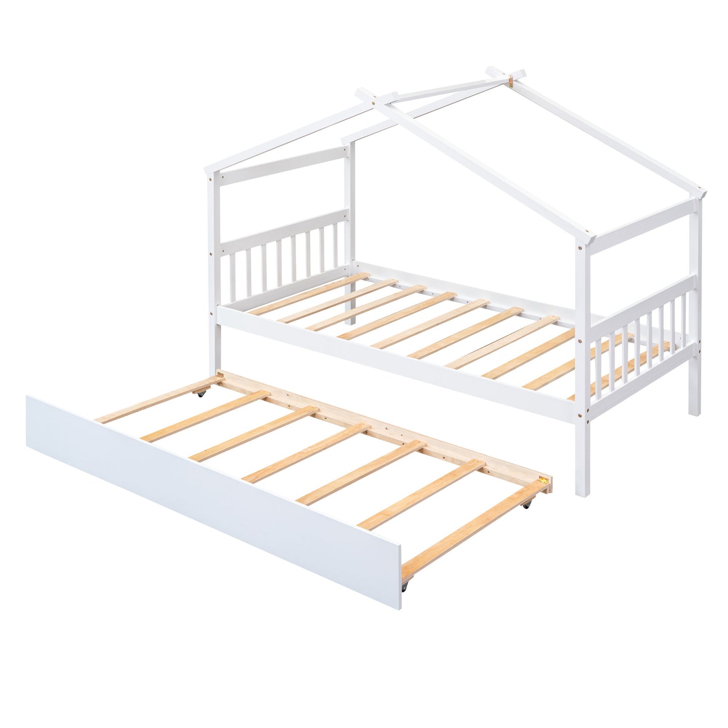 Twin Size House Bed With Twin Size Trundle - White