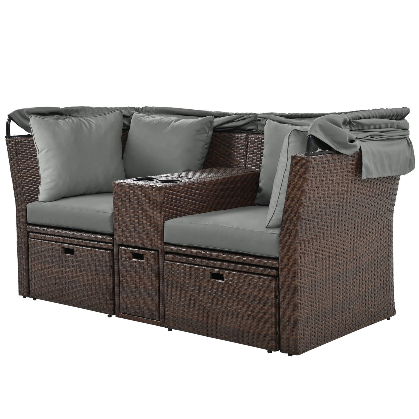 2 Seater Outdoor Patio Daybed Outdoor Double Daybed Outdoor Loveseat Sofa Set With Foldable Awning And Cushions For Garden, Balcony, Poolside - Gray