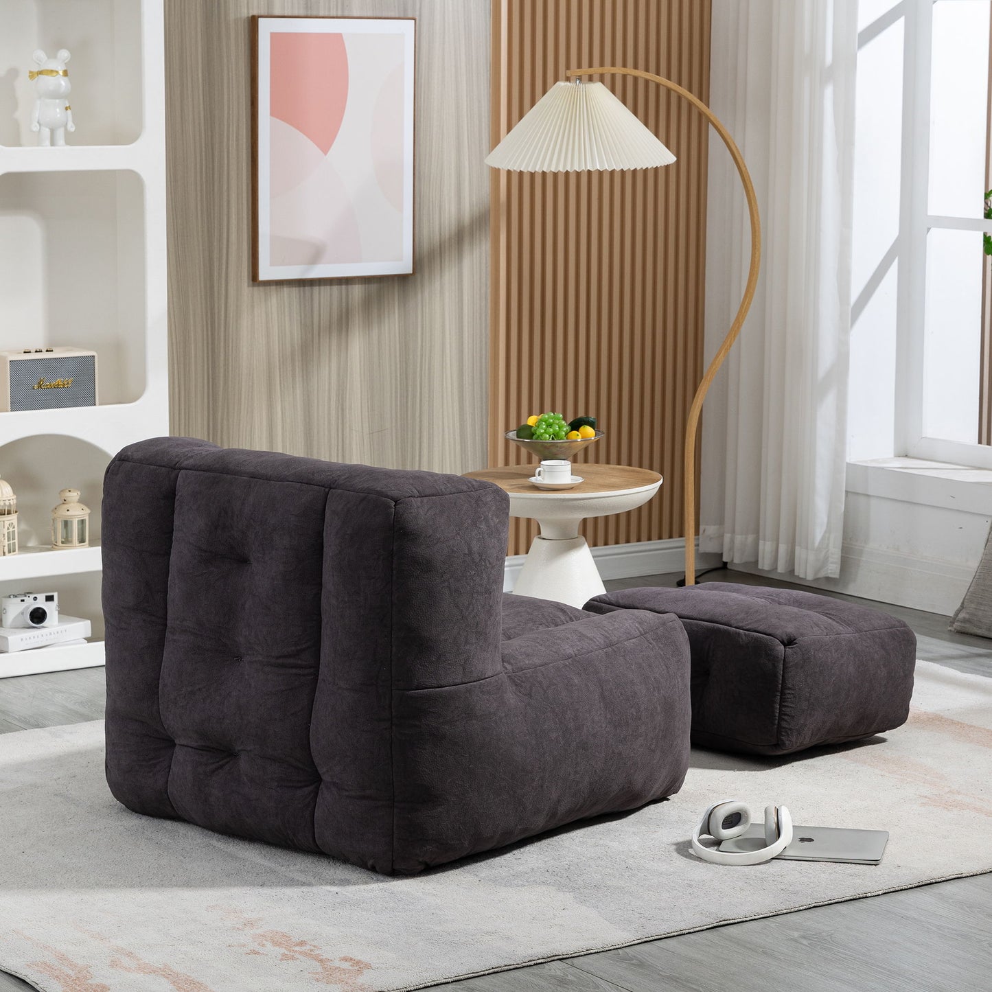 Fluffy Bean Bag Chair, Comfortable Bean Bag For Adults And Children, Super Soft Lazy Sofa Chair With Memory Foam And Ottoman, Indoor Modern Focus Bean Bag Chair For Living Room, Bedroom, Apartment - Black