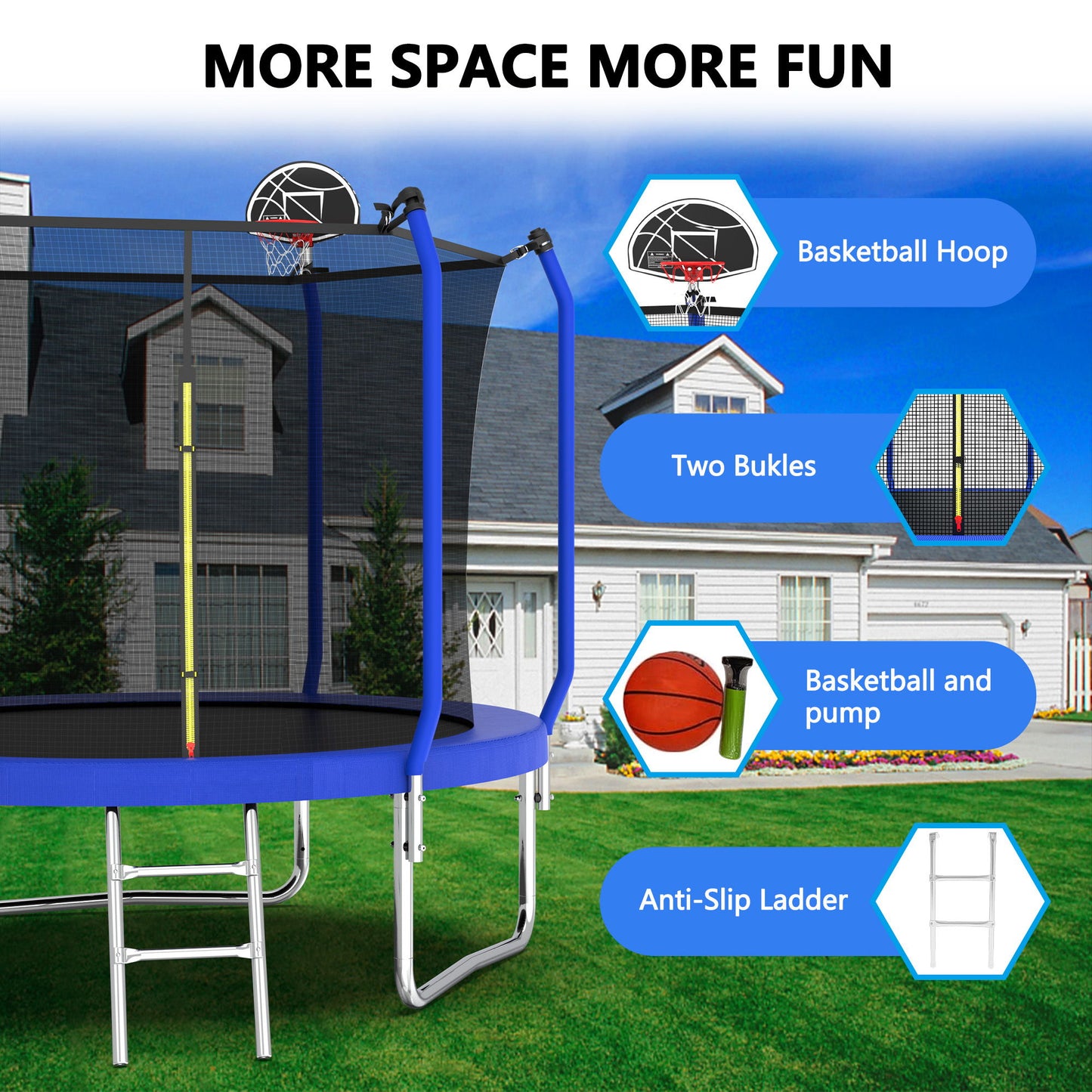 10' Trampoline With Basketball Hoop, Astm Approved Reinforced Type Outdoor Trampoline With Enclosure Net - Blue