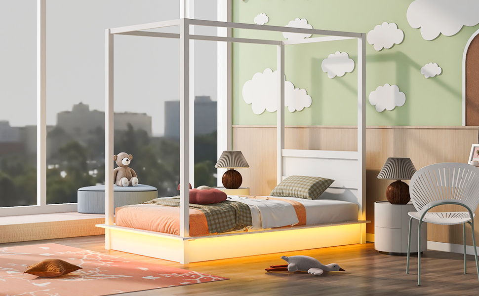 Twin Size LED Canopy Bed, Canopy Platform Bed With Support Slats, No Box Spring Needed - White
