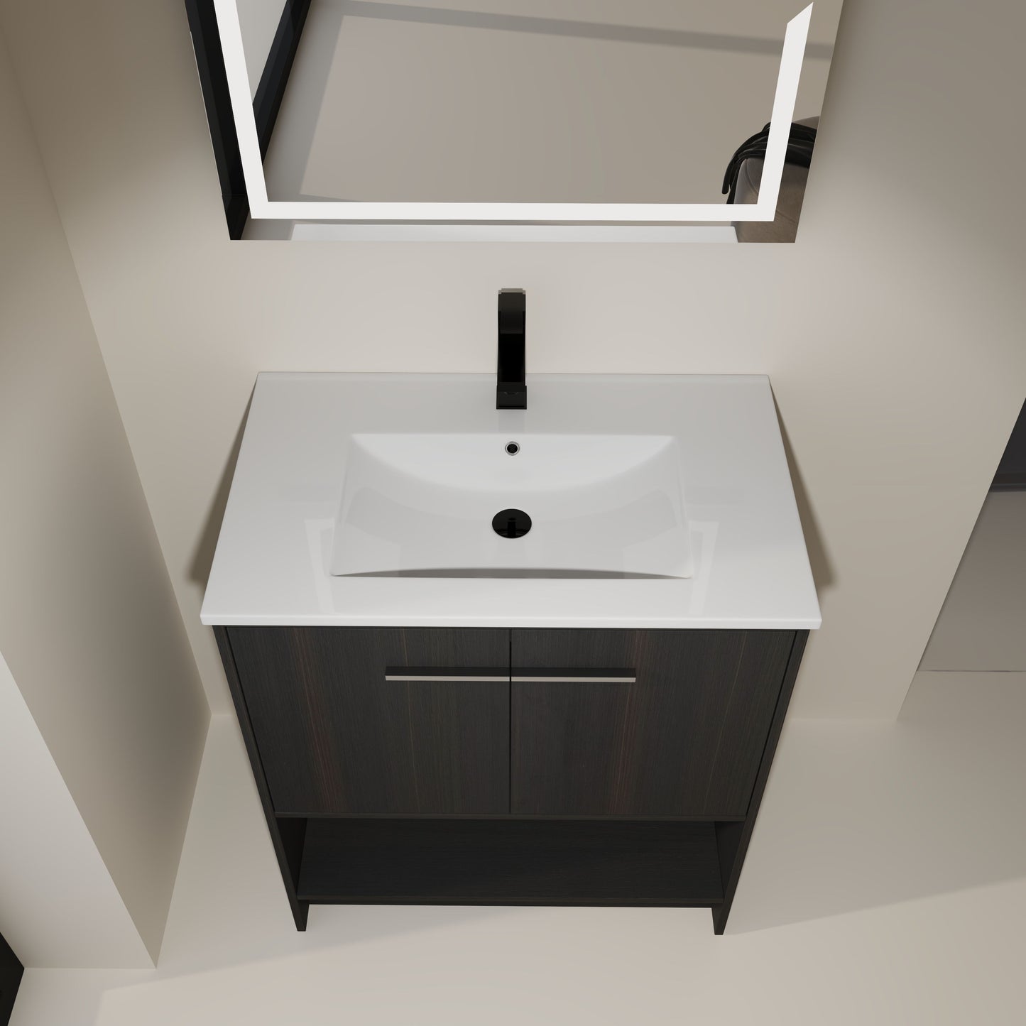 Modern Freestanding 30" Bathroom Vanity With Ceramic Sink, Soft Closing Doors Cabinet - Dark Oak