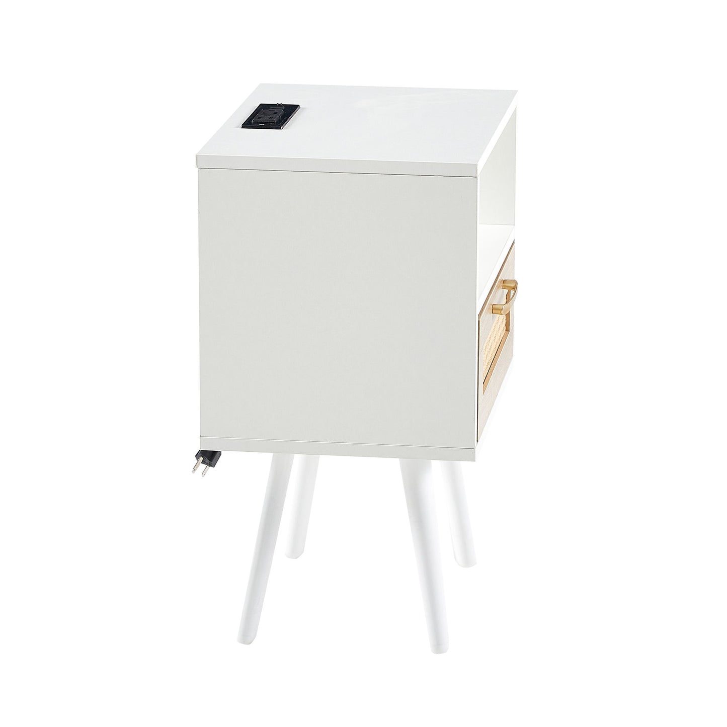 15.75" Rattan End Table With Power Outlet & USB Ports, Modern Nightstand With Drawer And Solid Wood Legs, Side Table For Living Room, Bedroom - White