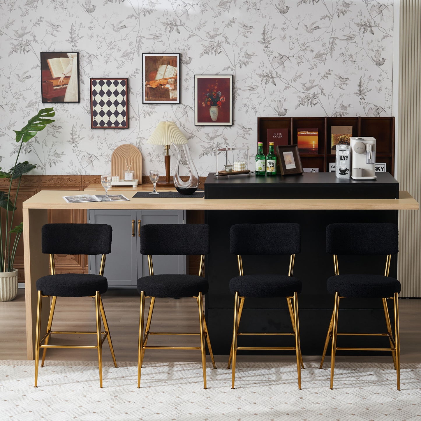 Modern Teddy Fabric Upholstered Bar Stools (Set of 4) - Black / Gold