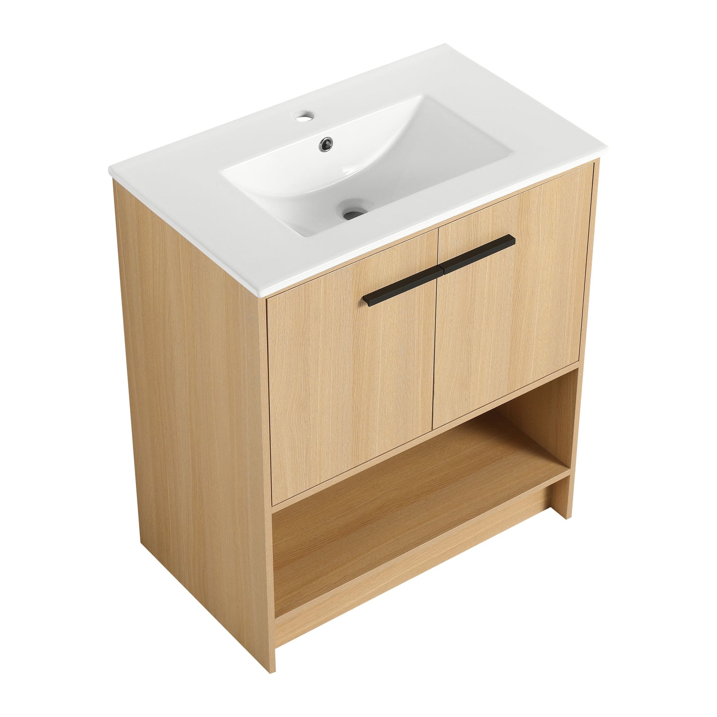 Modern 30" Bathroom Vanity With Ceramic Sink, Freestanding Cabinet, 2 Soft Closing Doors - Oak