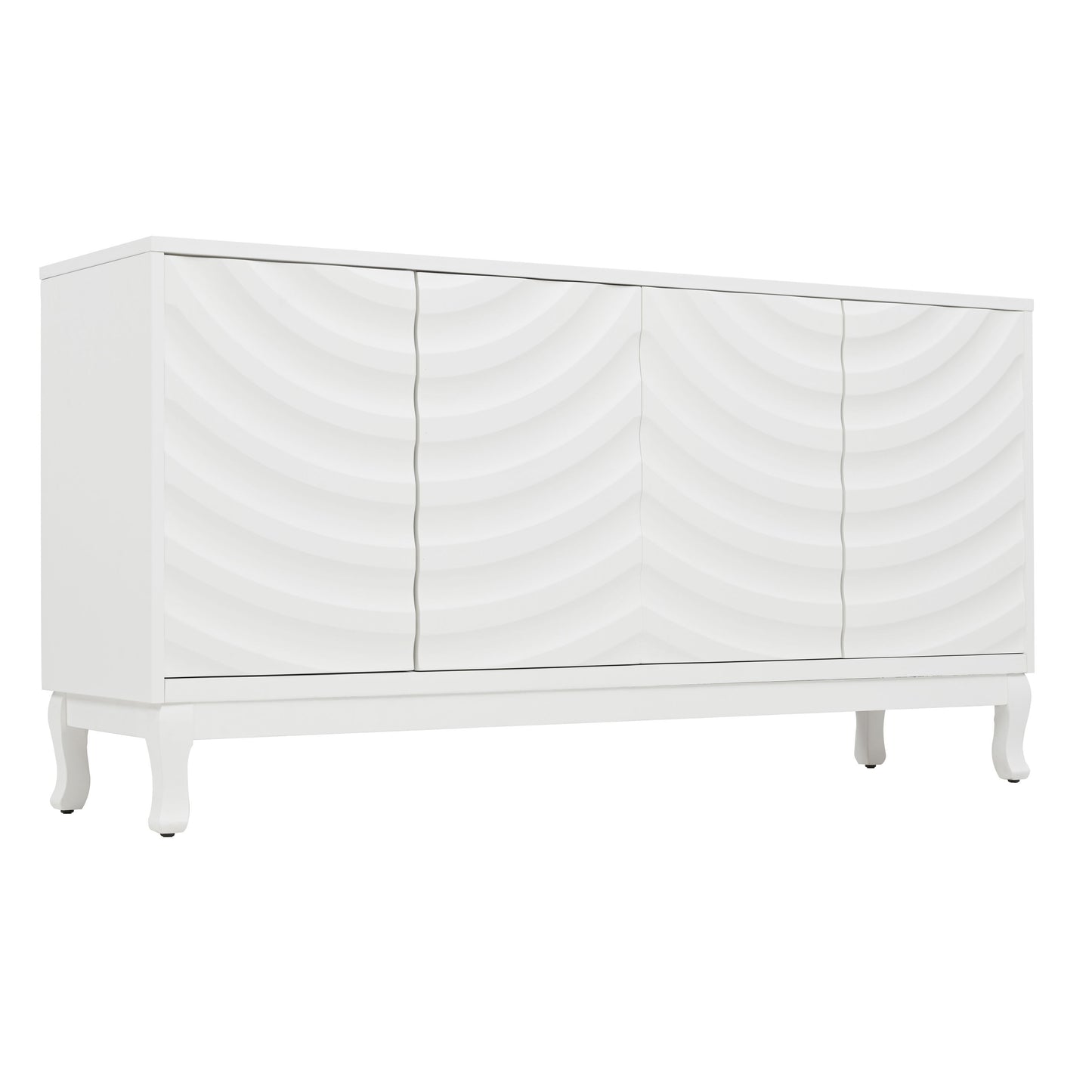 Elegant Sideboard With Sophisticated Wavy Pattern Doors And Arched Groove Design In A Stylish 4 Door Layout, Adjustable For Study, Entryway And Living Room - White